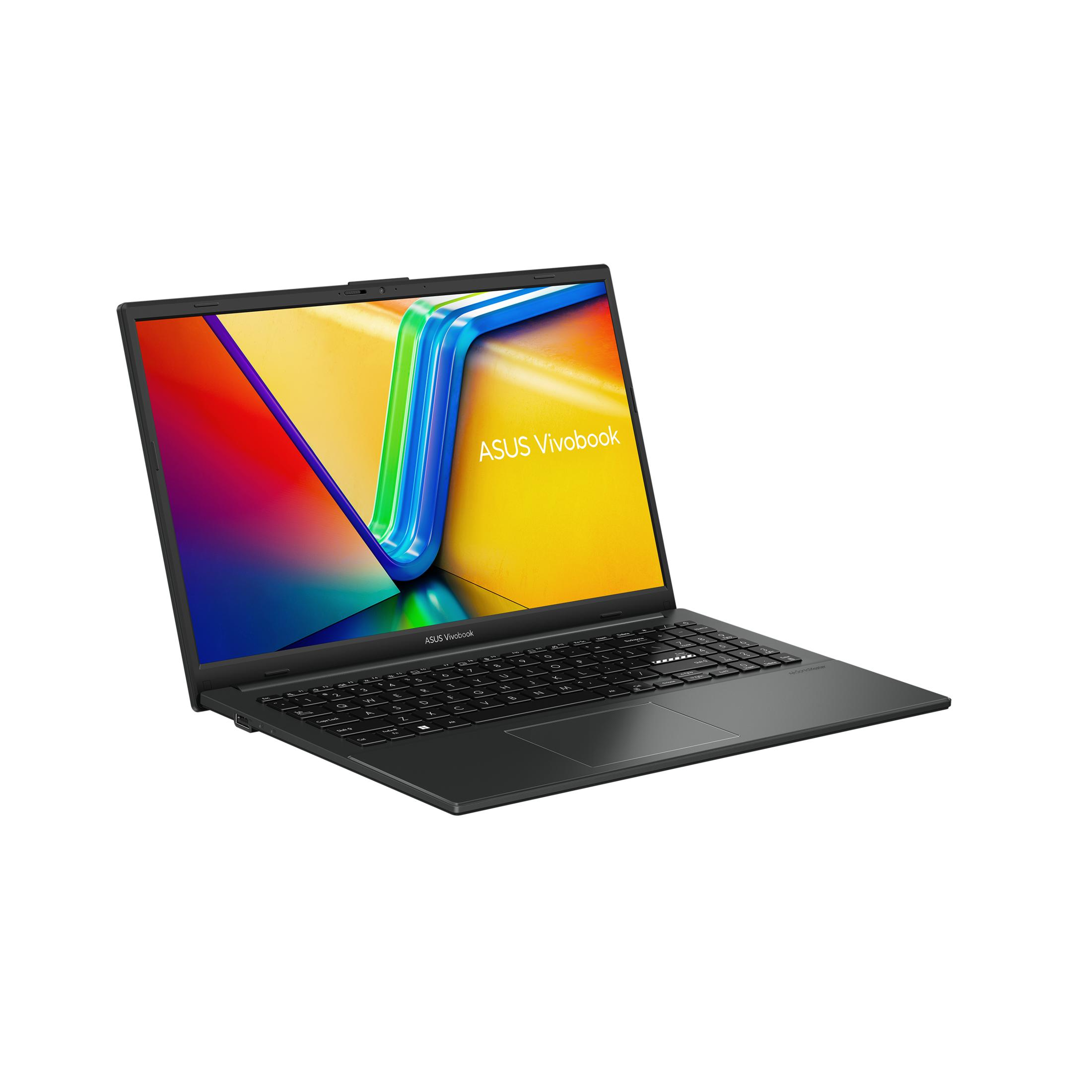 Ein geöffneter schwarzer ASUS Vivobook Laptop mit buntem Hintergrund.