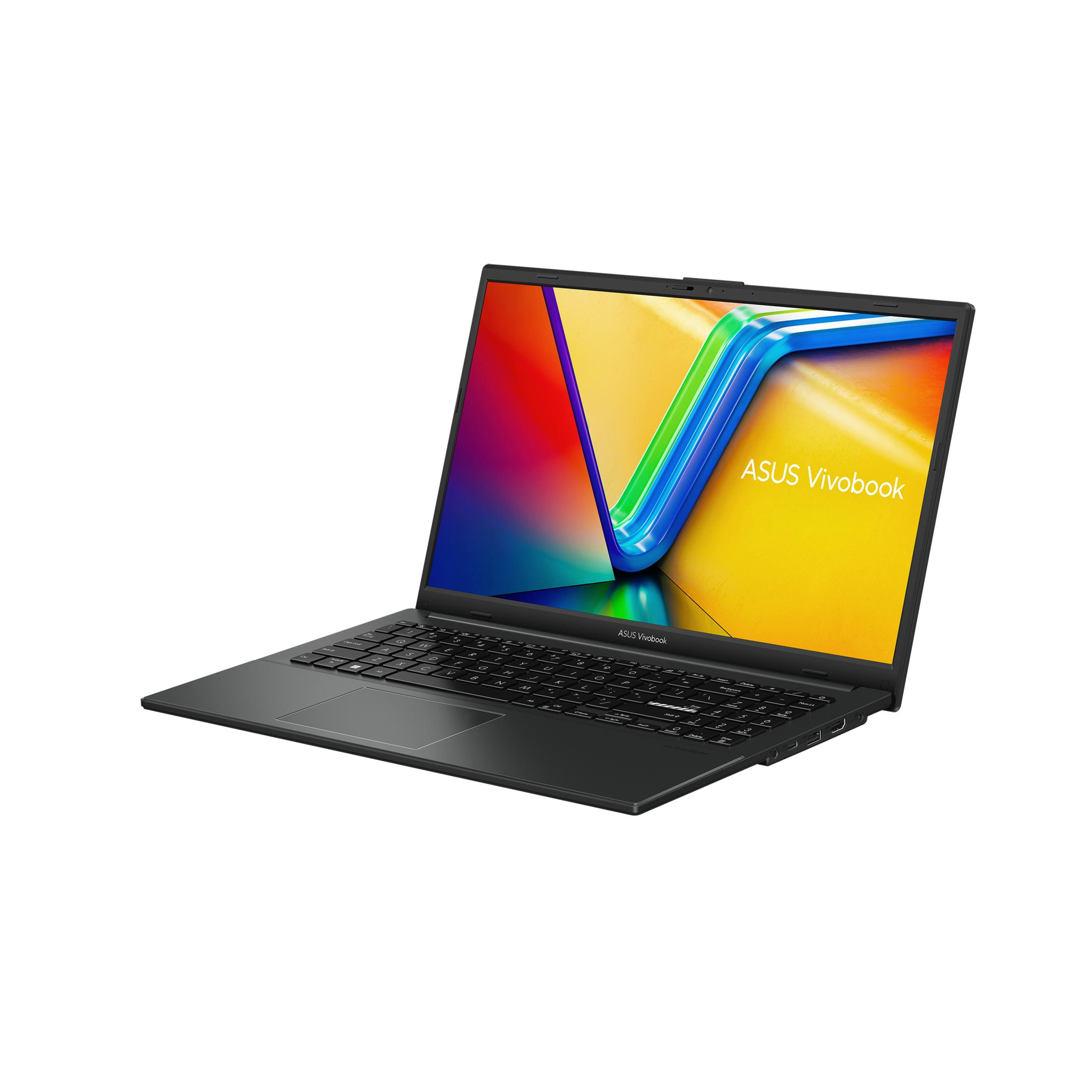 Ein schwarzer ASUS Vivobook Laptop ist geöffnet, mit farbenfrohem Hintergrundbild auf dem Bildschirm.