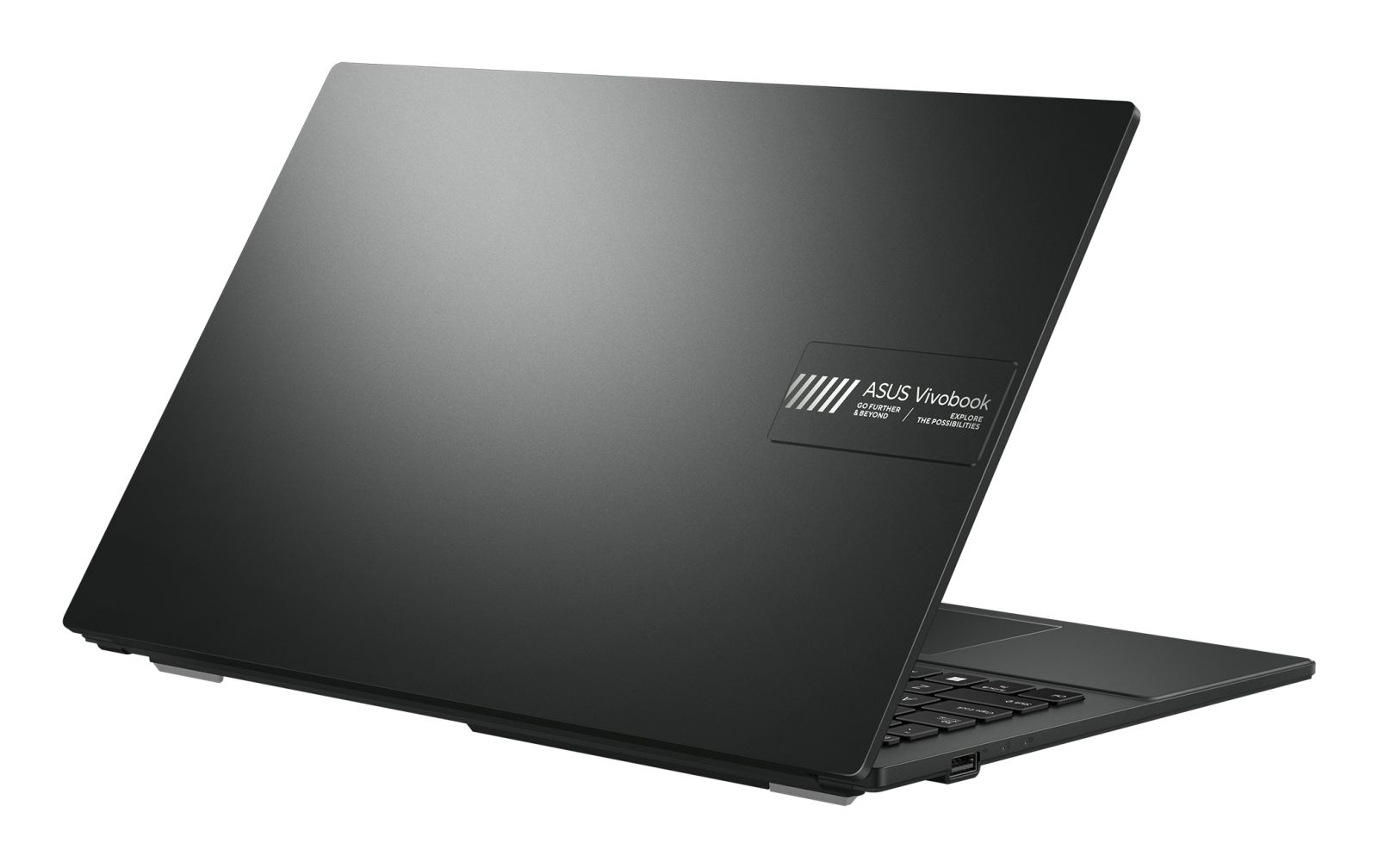 Ein dunkelgraues ASUS Vivobook Laptop ist geöffnet, Tastatur und Bildschirm mit Logo.