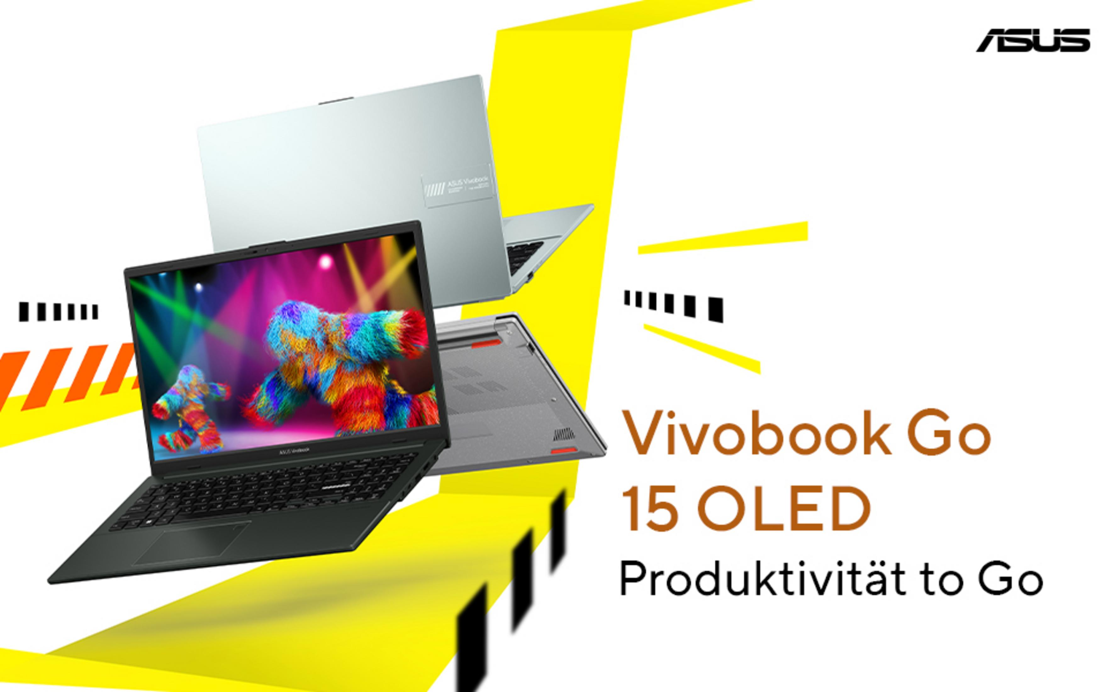 Zwei Laptops, einer geöffnet mit bunten Figuren auf dem Bildschirm. ASUS Logo.