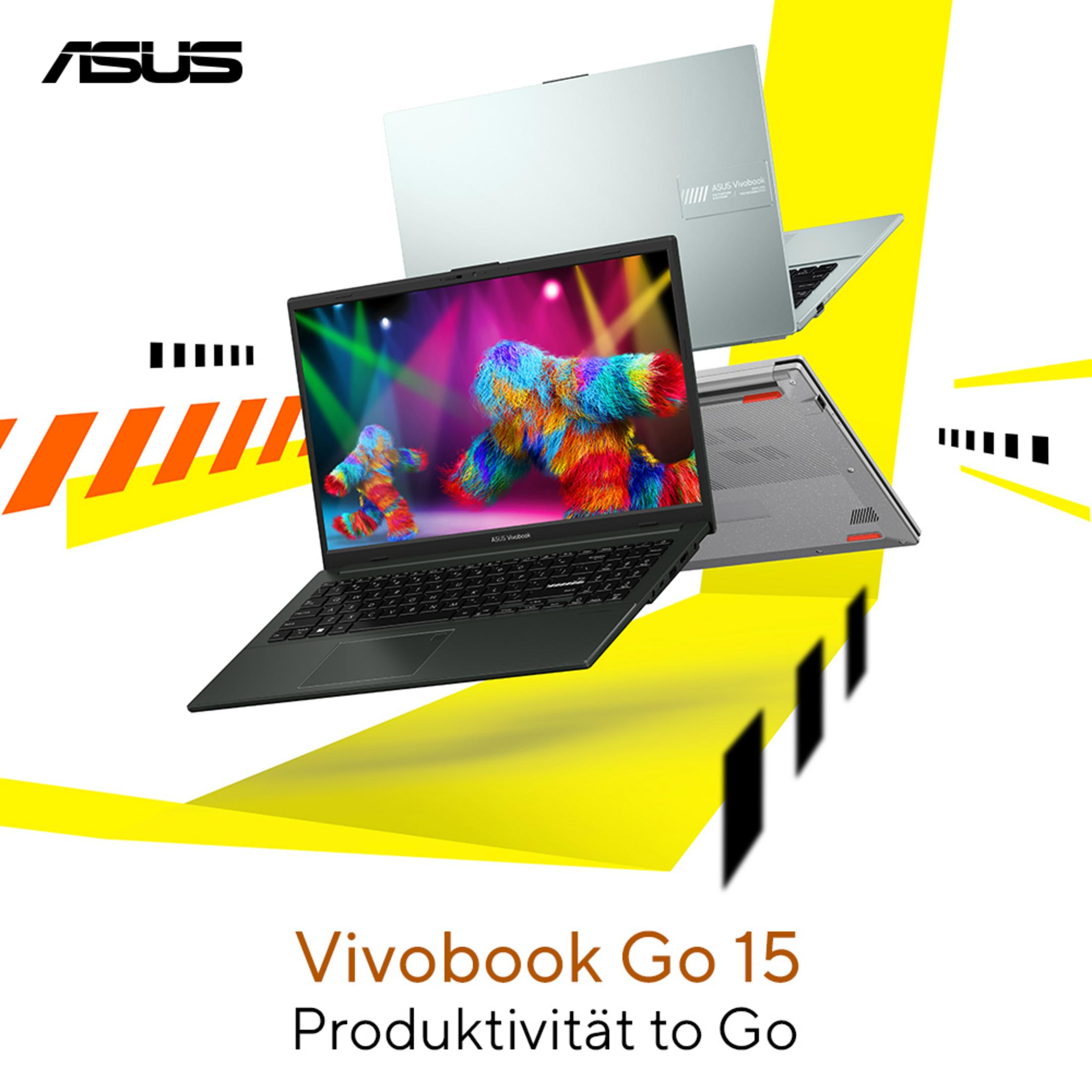Zwei ASUS Vivobook Laptops, einer dunkel, einer hell, vor gelben Formen.