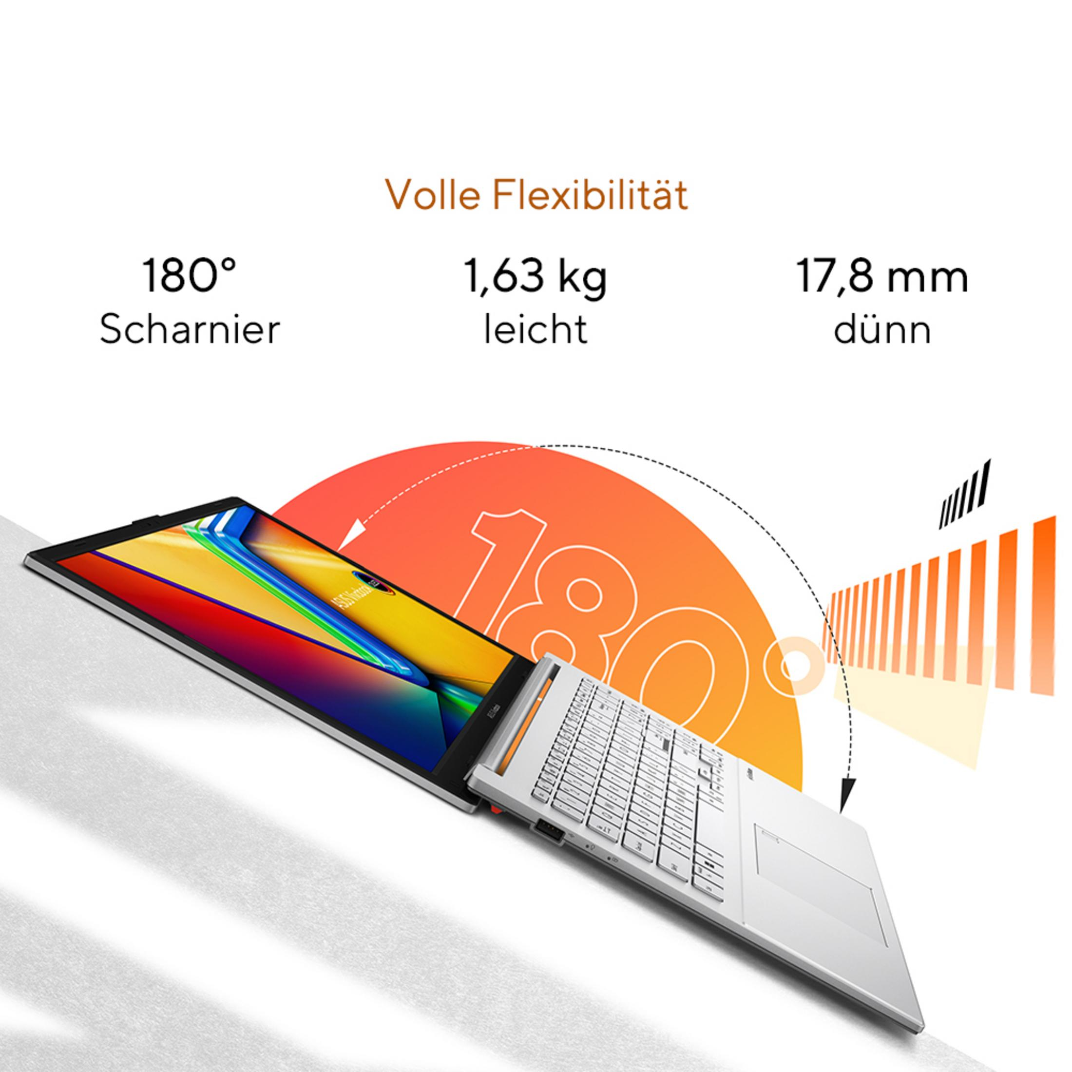Ein weißes Laptop mit buntem Bildschirm, 180 Grad Scharnier, 1,63 kg leicht.