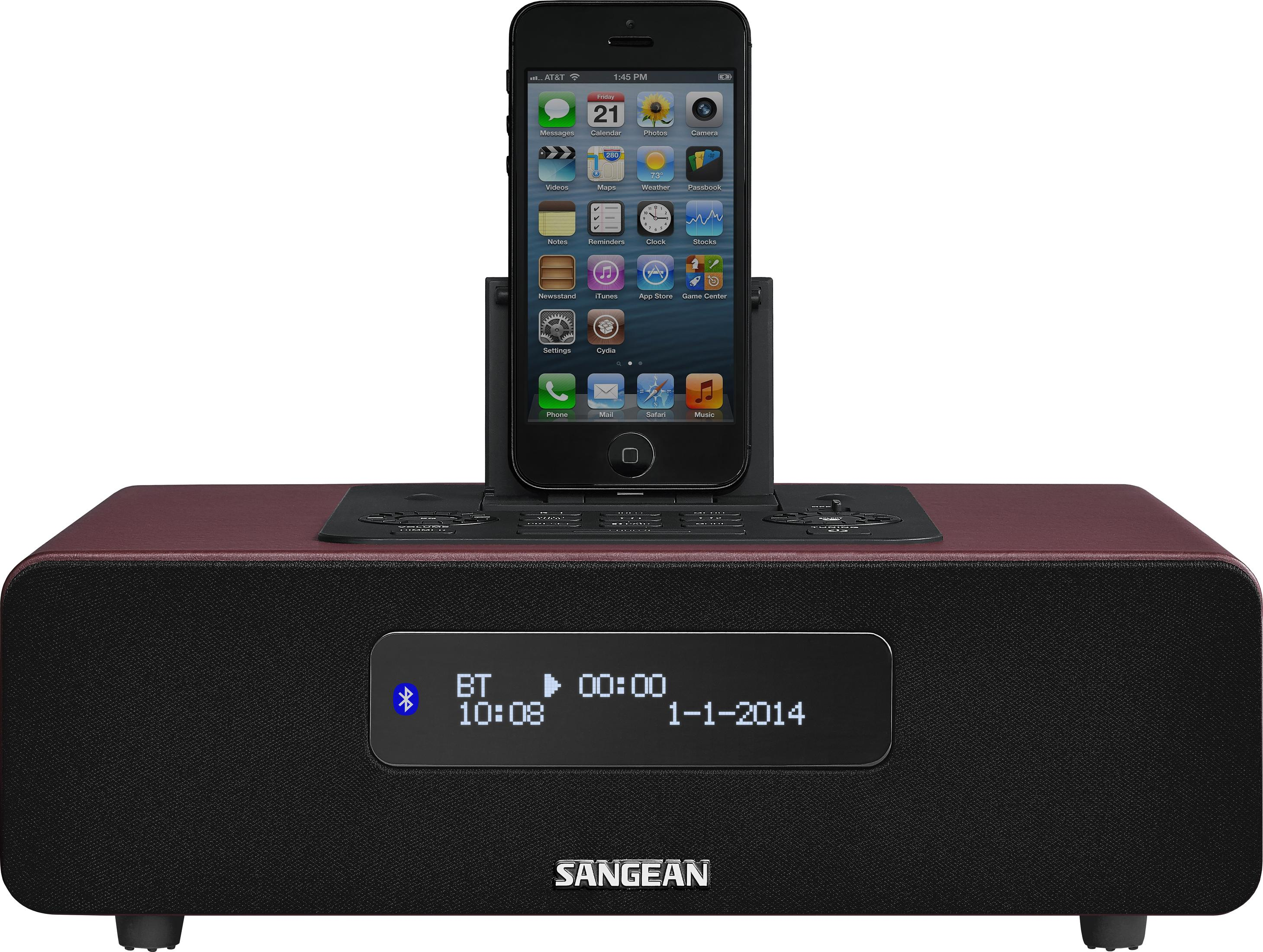 Ein iPhone auf einer Sangean-Dockingstation mit schwarzem Lautsprecher und Display.