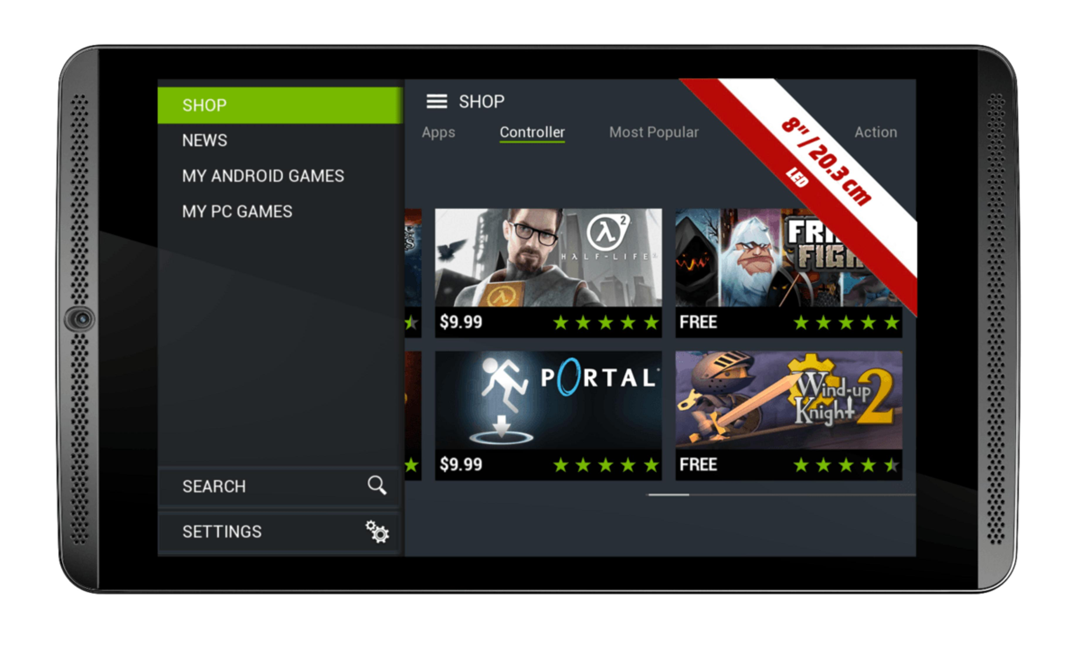 Ein Tablet mit Spielen wie Half-Life und Portal, das "Controller" anzeigt.