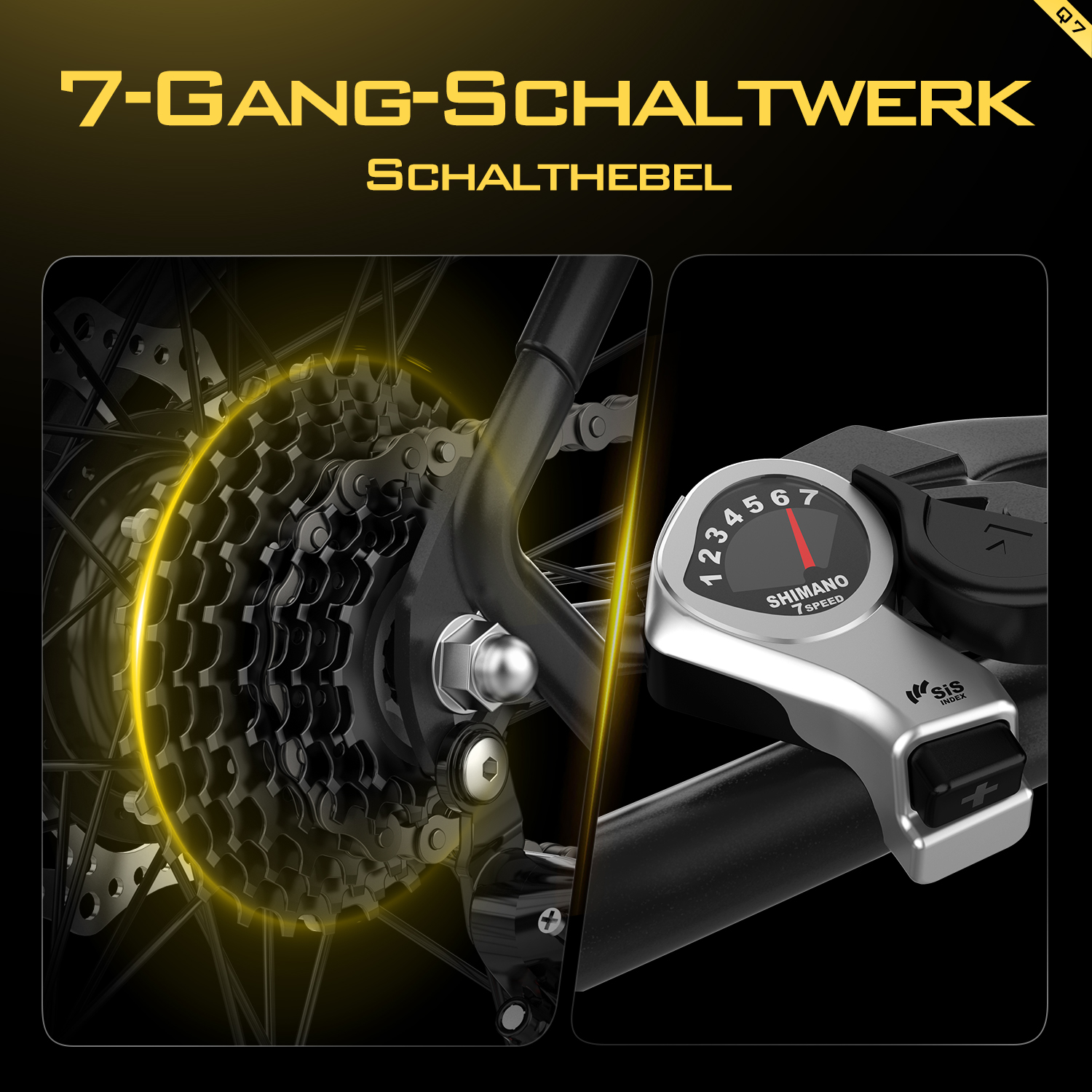 Fahrrad-Schaltwerk mit 7 Gängen und Schalthebel, Nahaufnahme.
