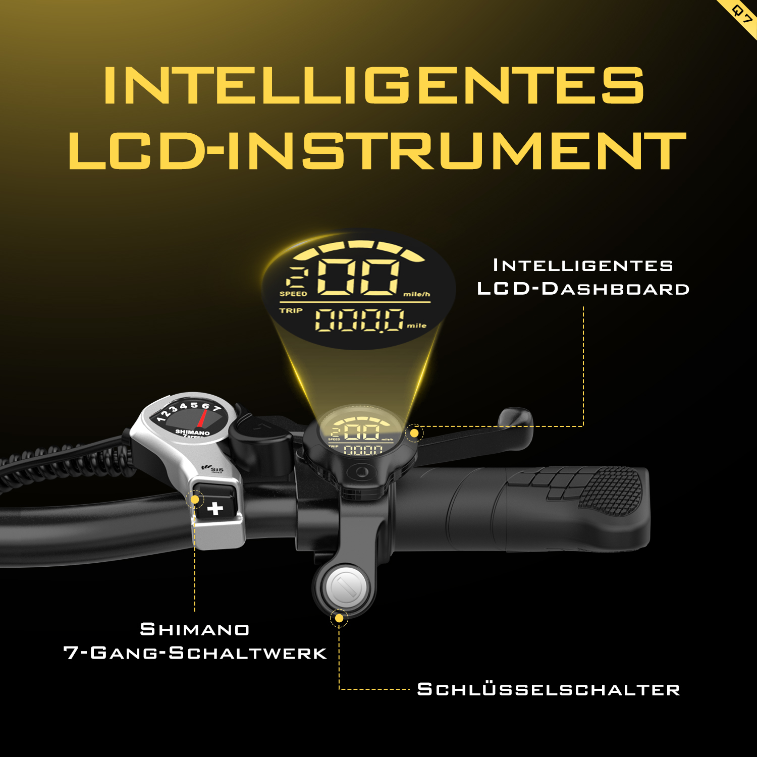 Intelligentes LCD-Instrument mit Shimano 7-Gang-Schaltung und Schlüsselschalter.