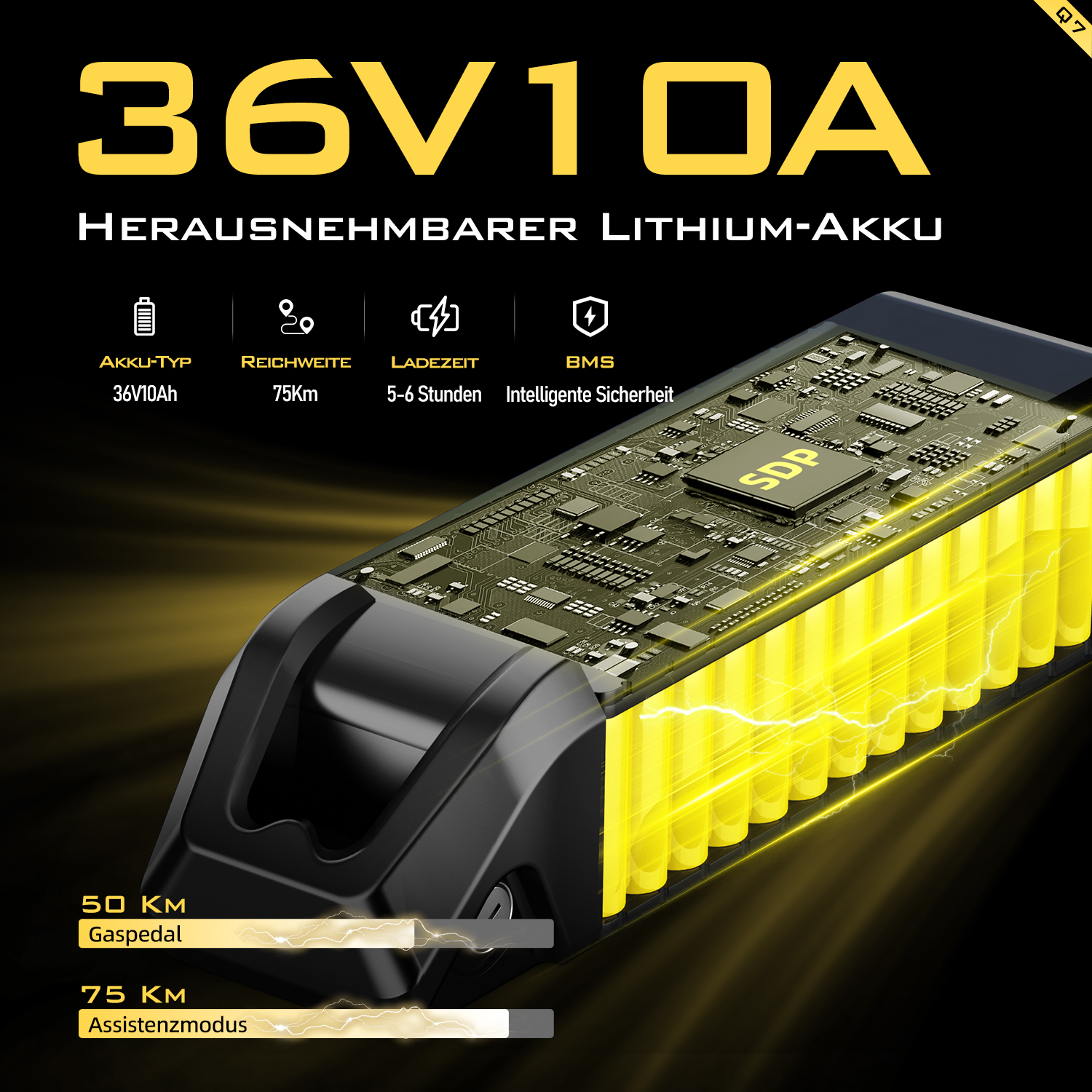 Ein 36V 10A herausnehmbarer Lithium-Akku mit 75km Reichweite, Ladezeit 5-6 Std.