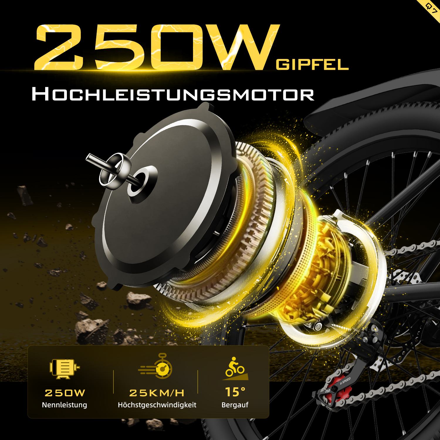 Nahaufnahme eines Fahrradmotors mit Daten: 250W, 25km/h, 15° Steigung.