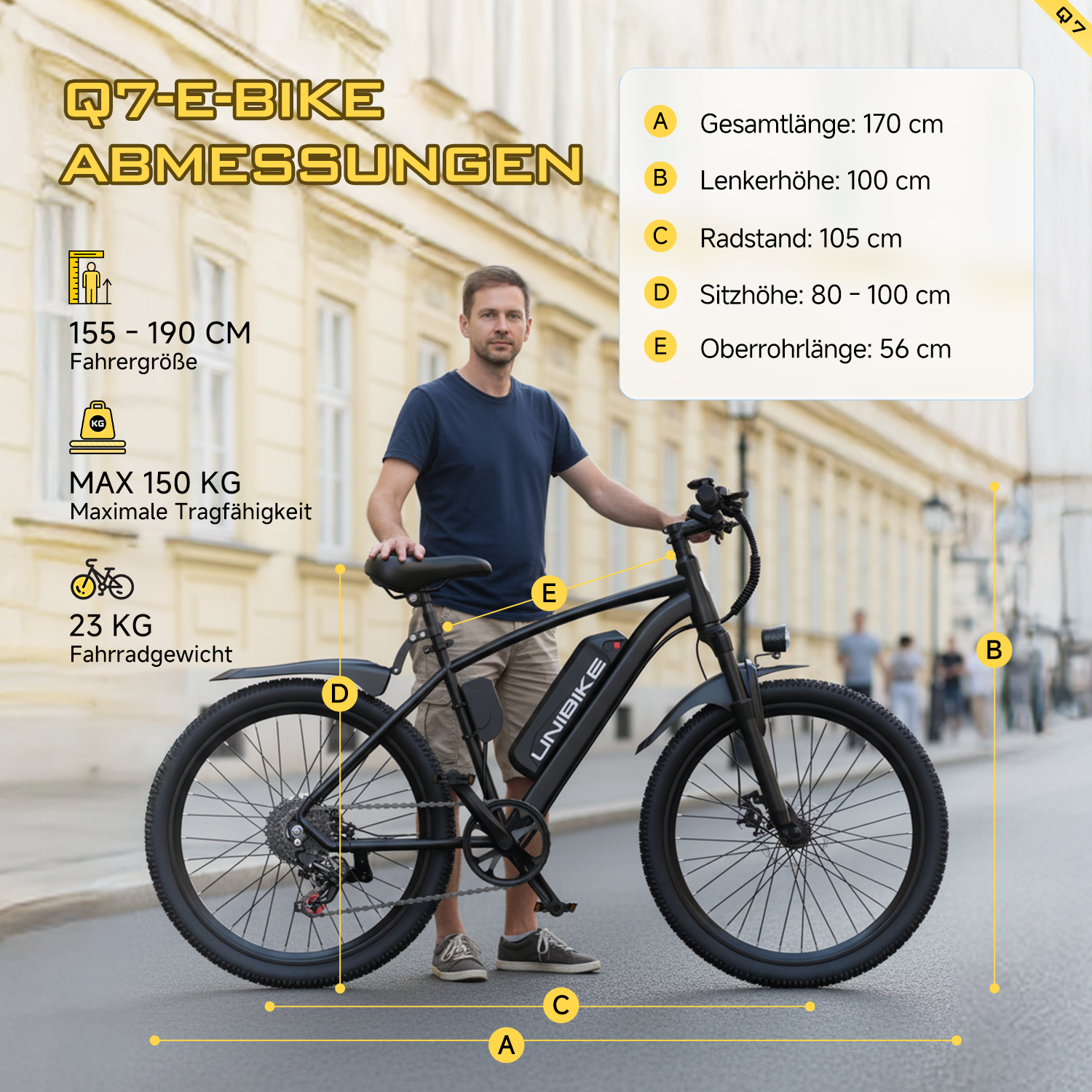 Mann neben E-Bike mit Maßen: Gesamtlänge 170cm, Lenkerhöhe 100cm, Radstand 105cm.