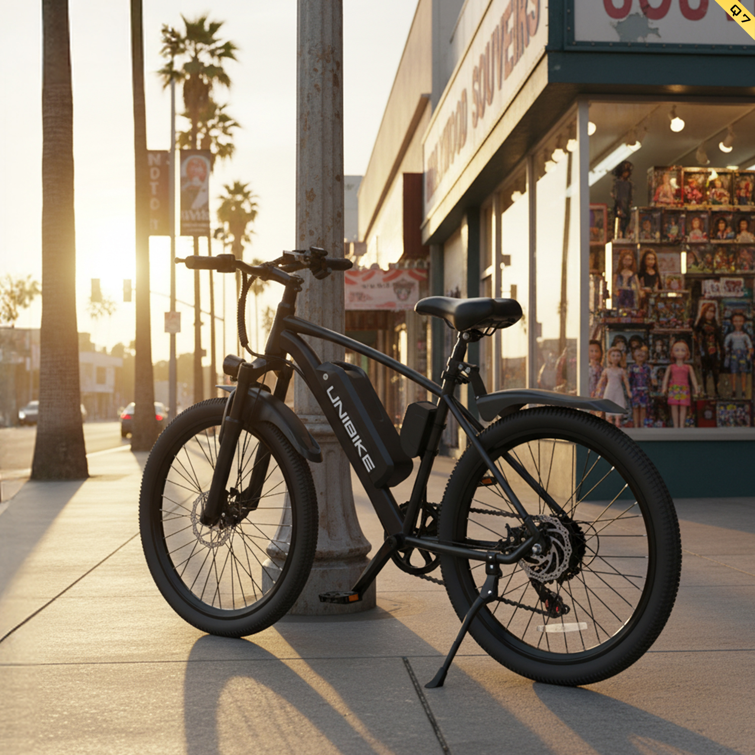 Schwarzes E-Bike auf einem Gehweg vor einem Souvenirladen mit Palmen im Sonnenuntergang.