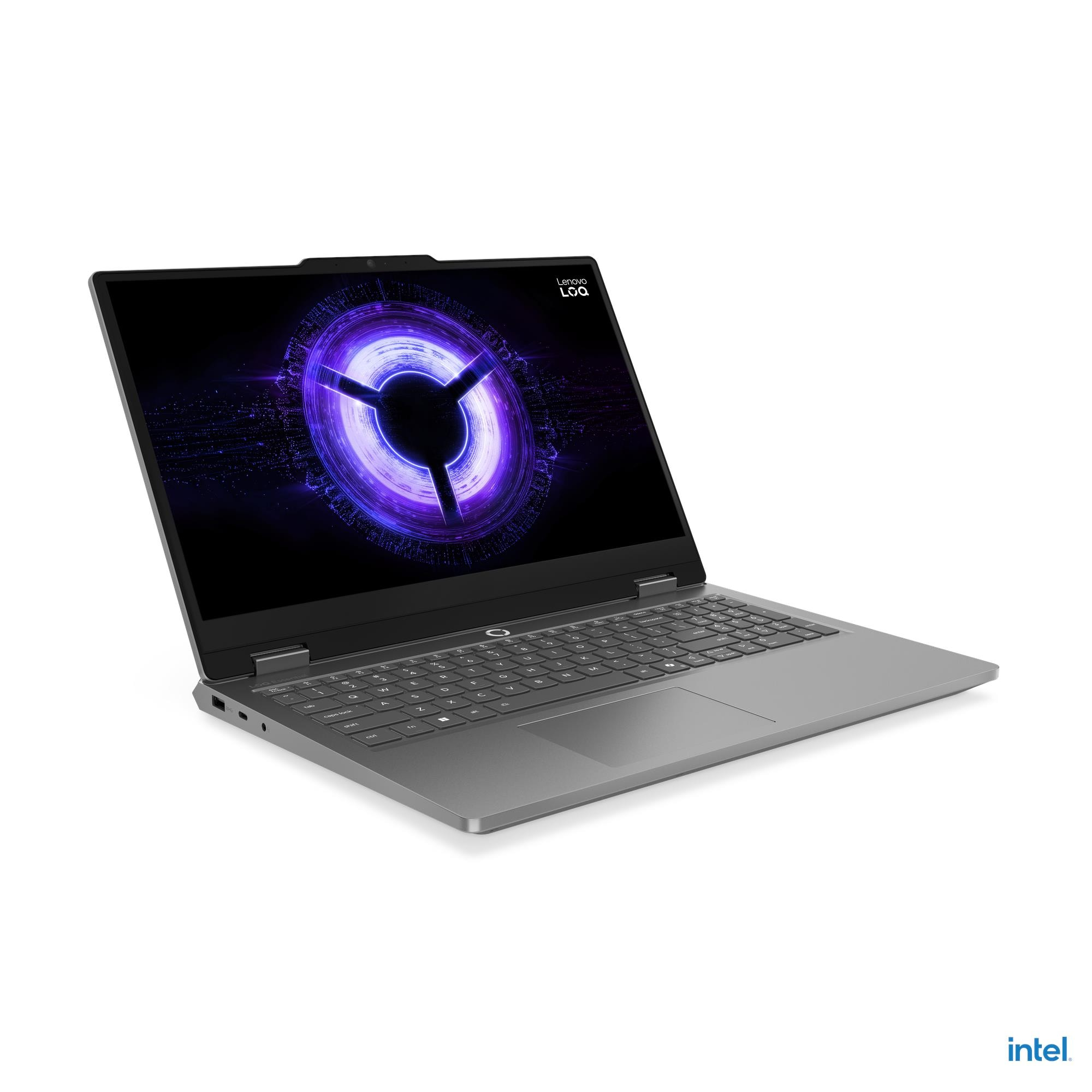 Un laptop Lenovo LOQ grigio con un logo viola luminoso sullo schermo.