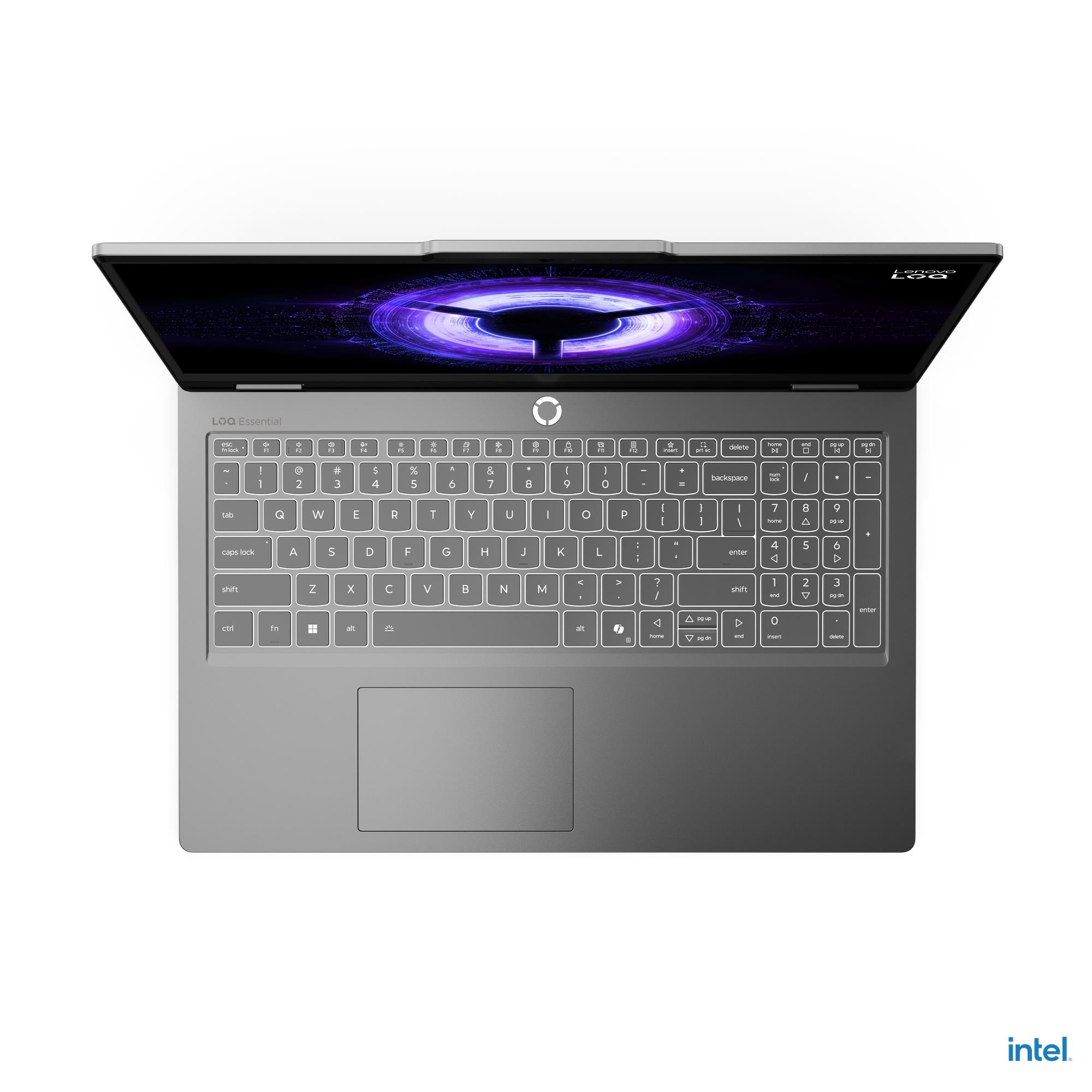 Un laptop argentato aperto con tastiera retroilluminata e grafica viola sullo schermo.