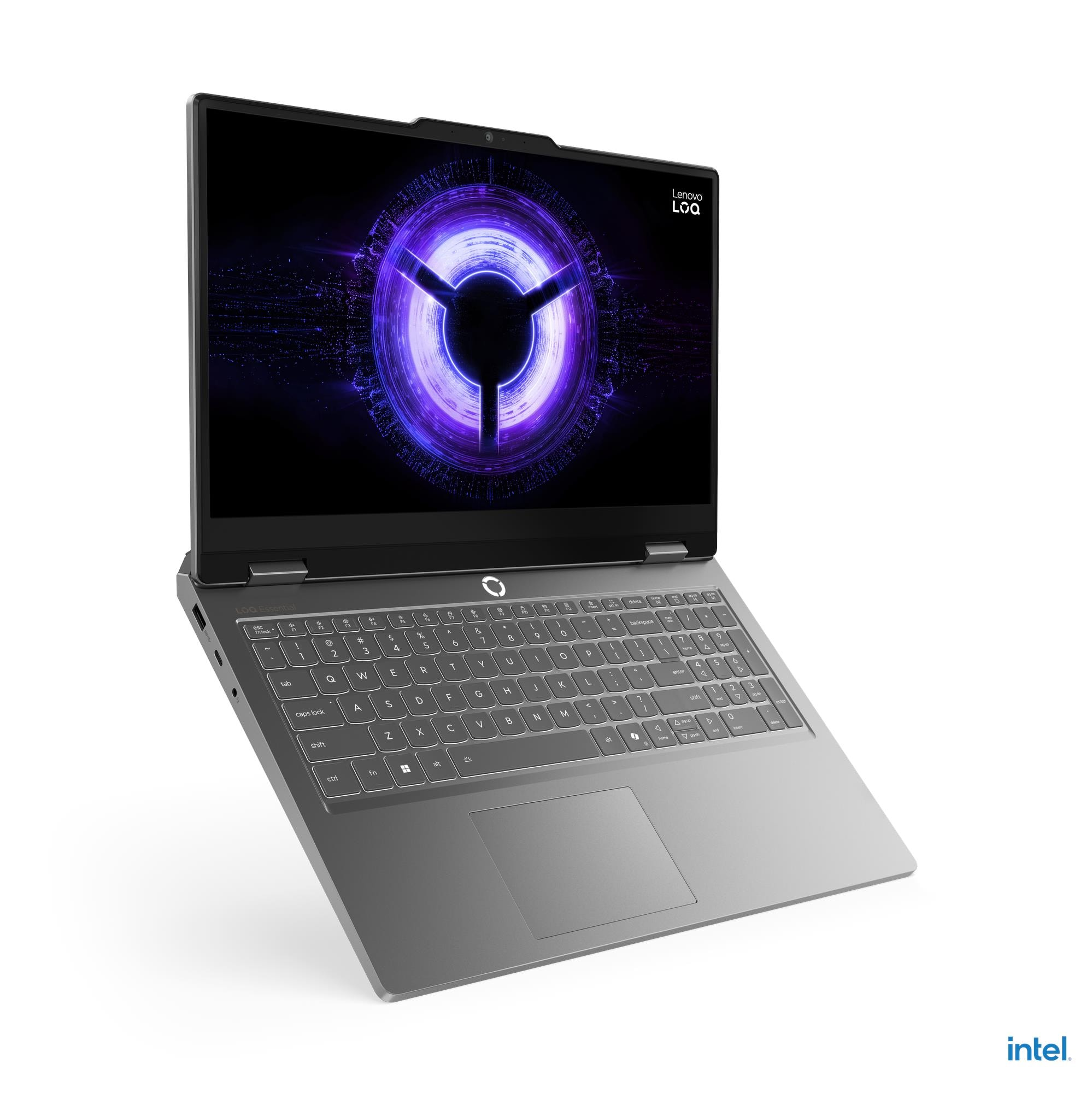 Un laptop da gaming Lenovo grigio con tastiera retroilluminata e grafica viola sullo schermo.