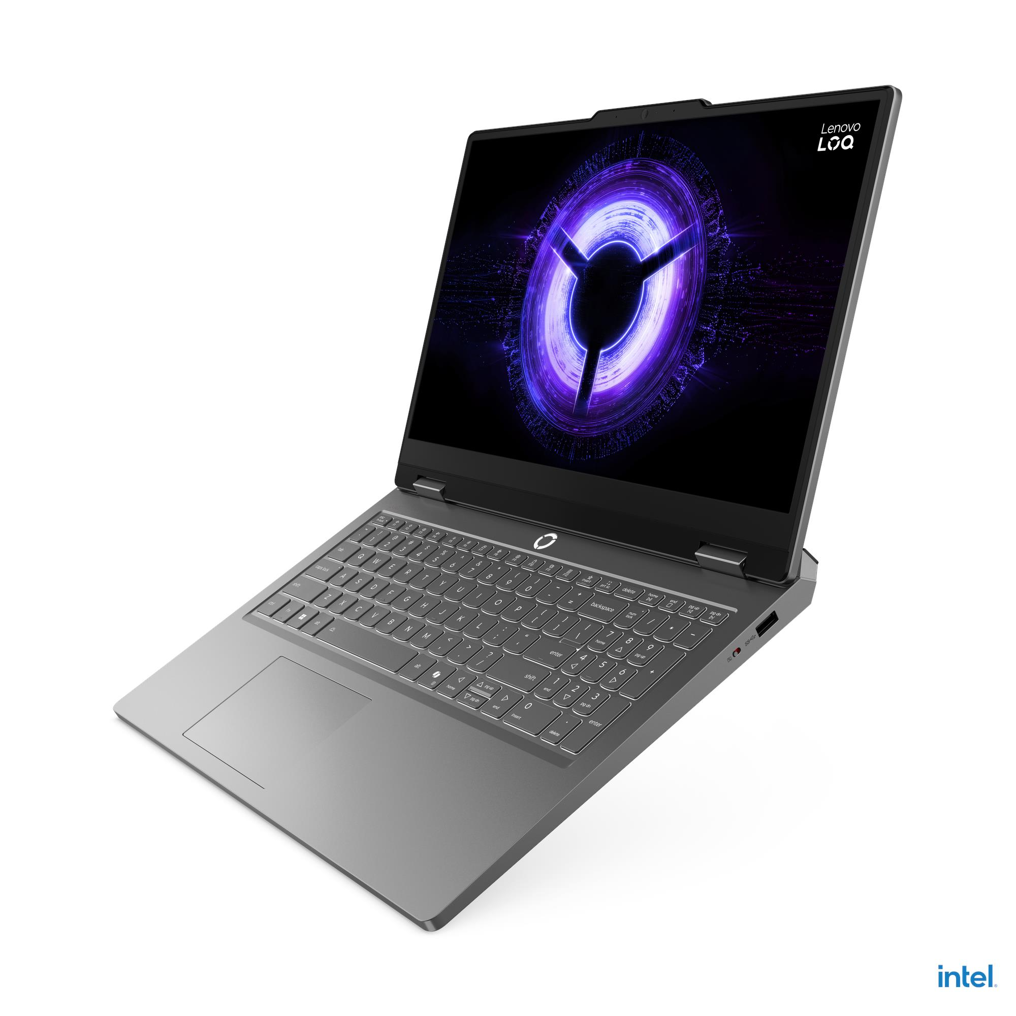 Un laptop Lenovo LOQ grigio con sfondo viola luminoso.