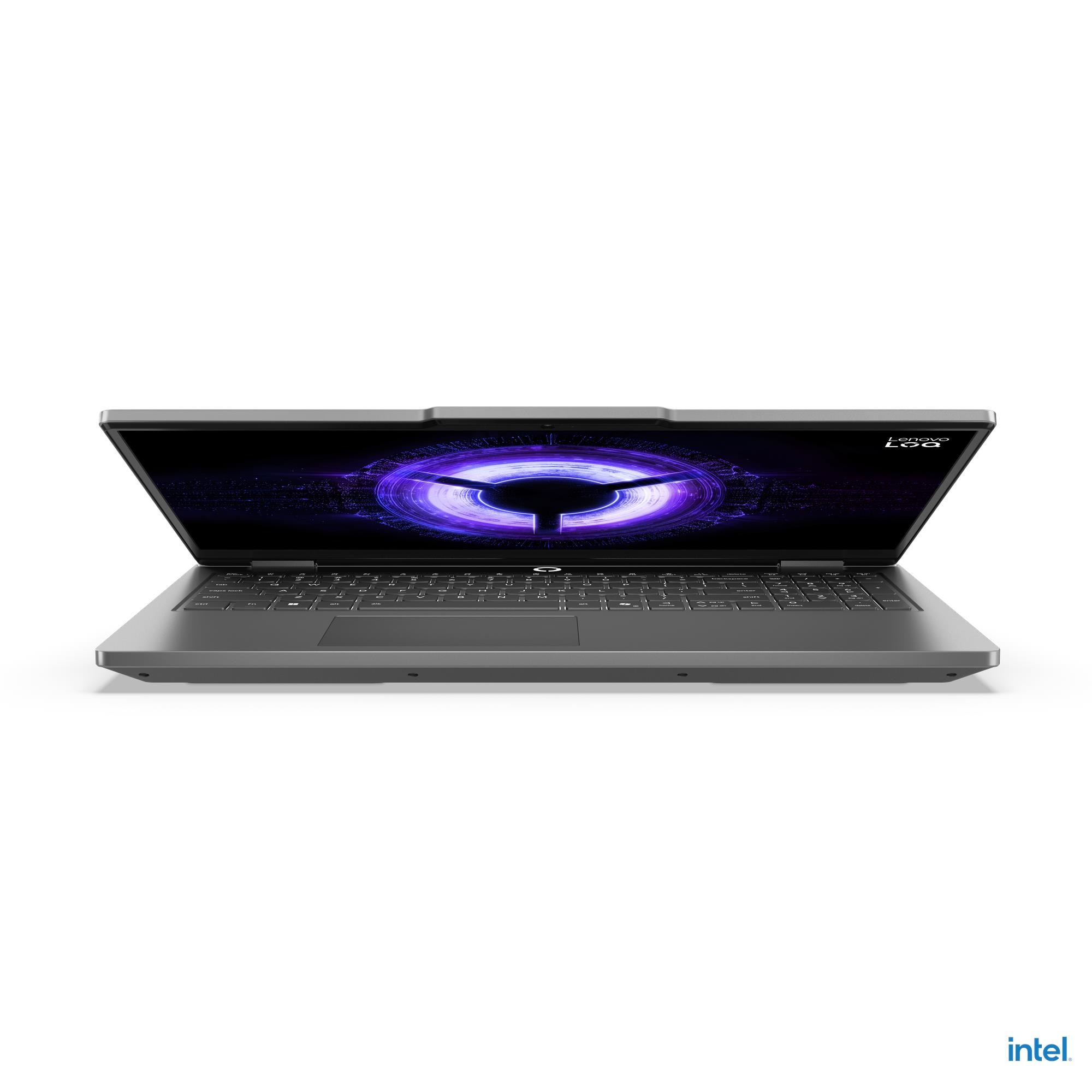 Un laptop grigio con schermo aperto, che mostra una grafica viola.