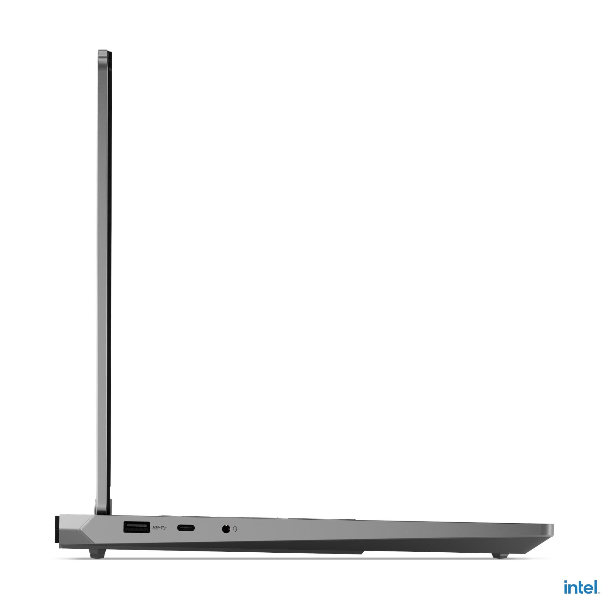Profilo laptop grigio che mostra porte e logo Intel.