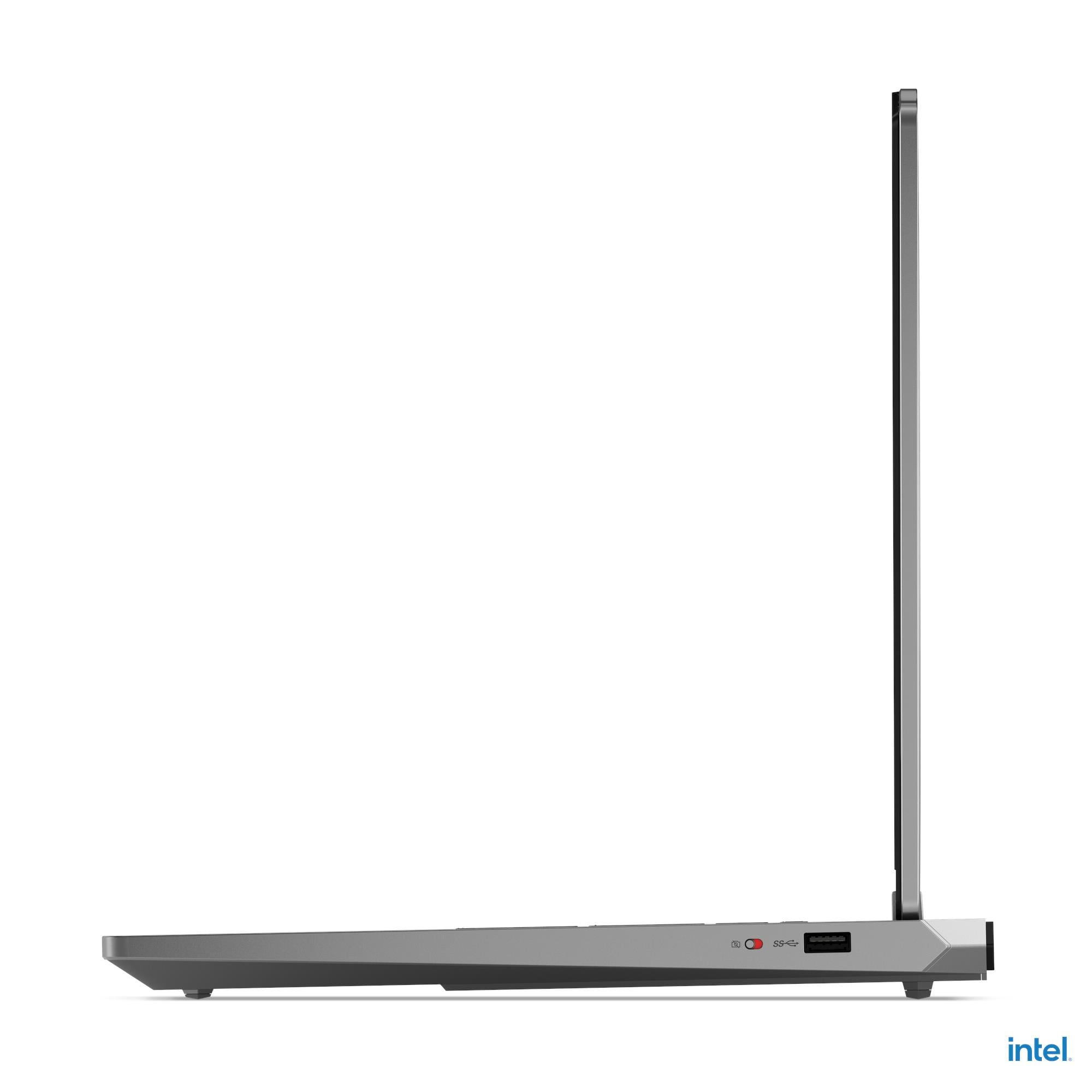 Profilo laterale ravvicinato di un laptop grigio che mostra le porte.