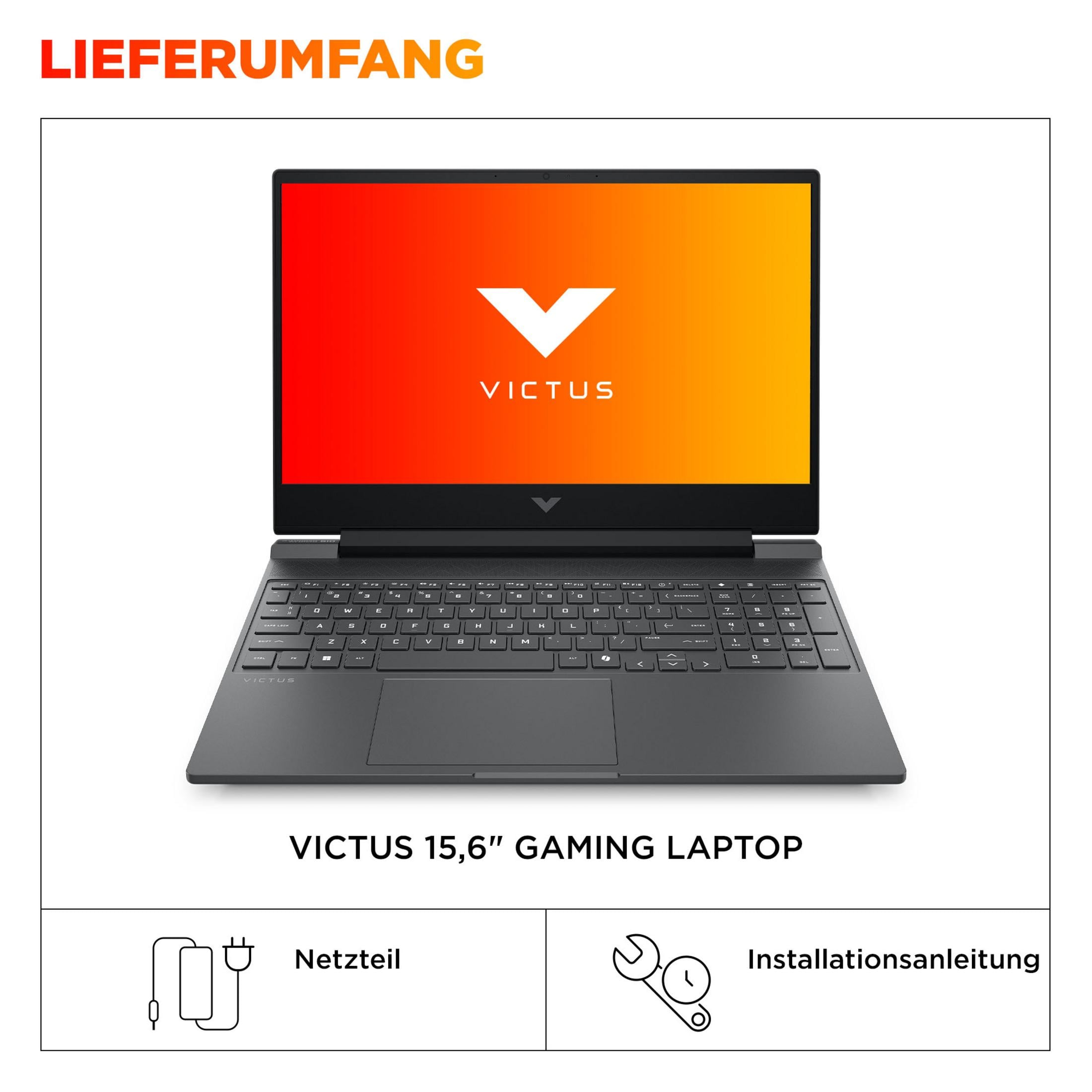 Ein Victus 15,6-Zoll-Gaming-Laptop mit orangefarbigem Hintergrund und Tastatur.