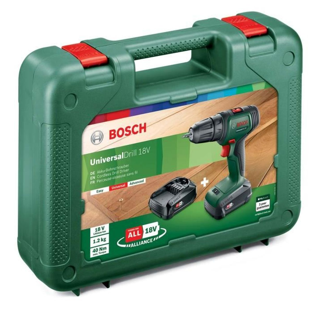 Bosch Universal Drill 18V in grüner Kiste mit Bohrer und Akku.