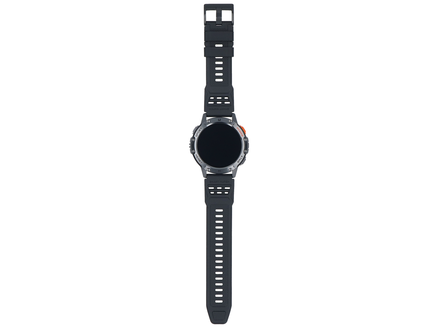 Czarny smartwatch z szarym paskiem i przyciskami.