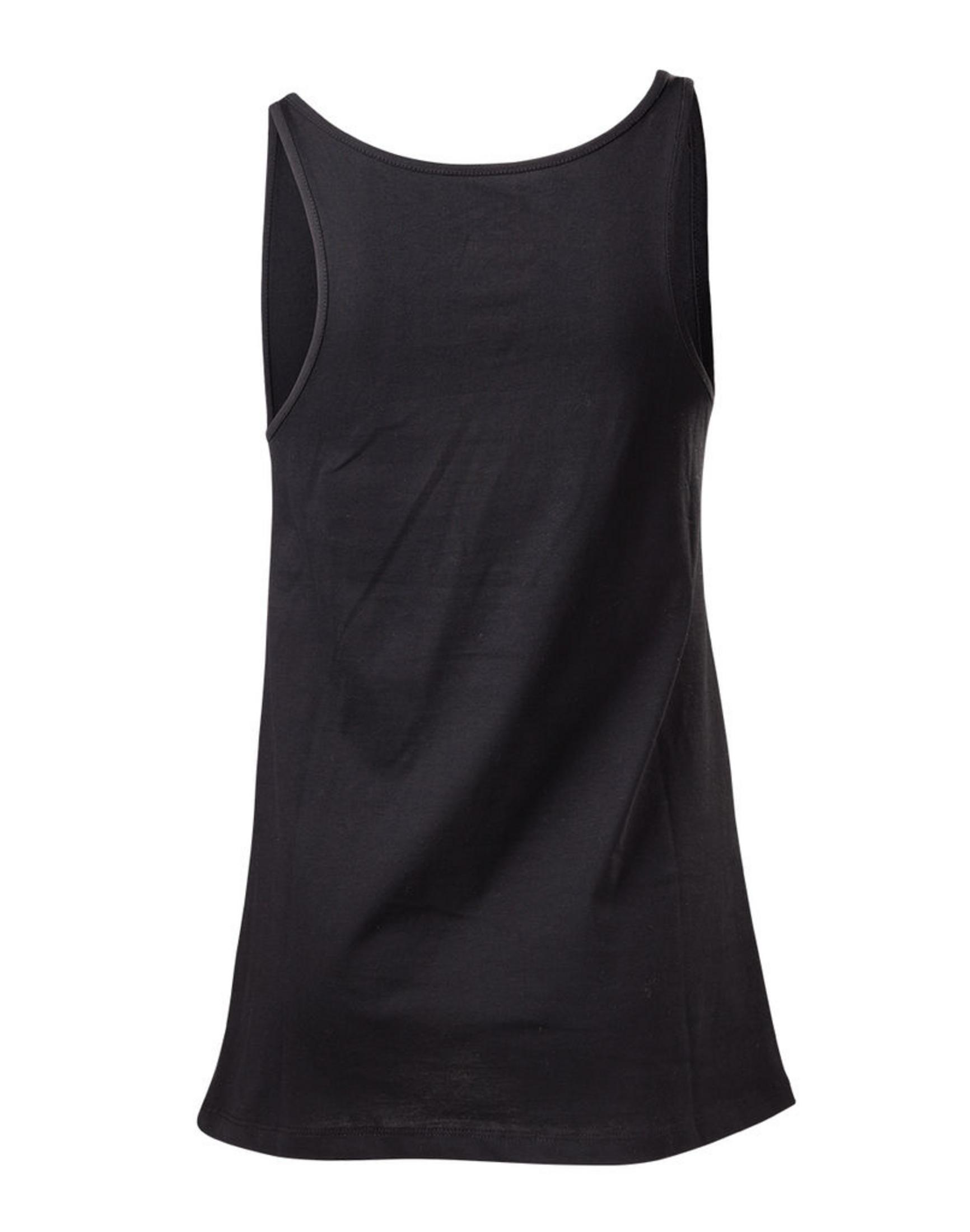 Ein schwarzes Tanktop mit rundem Ausschnitt, von hinten fotografiert.