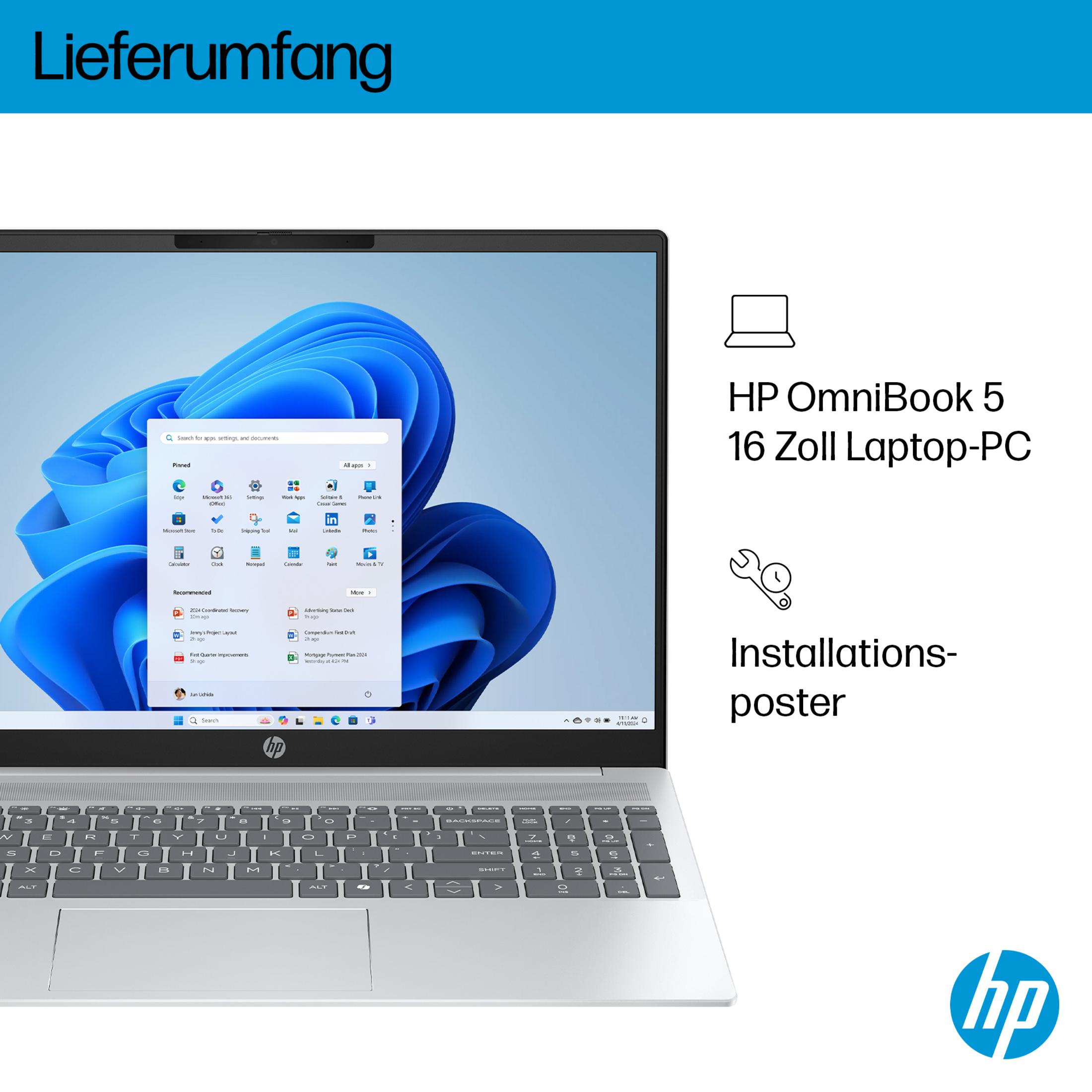 HP OmniBook 5 Laptop mit Windows 11 Startmenü und Tastatur. Text: Lieferumfang.