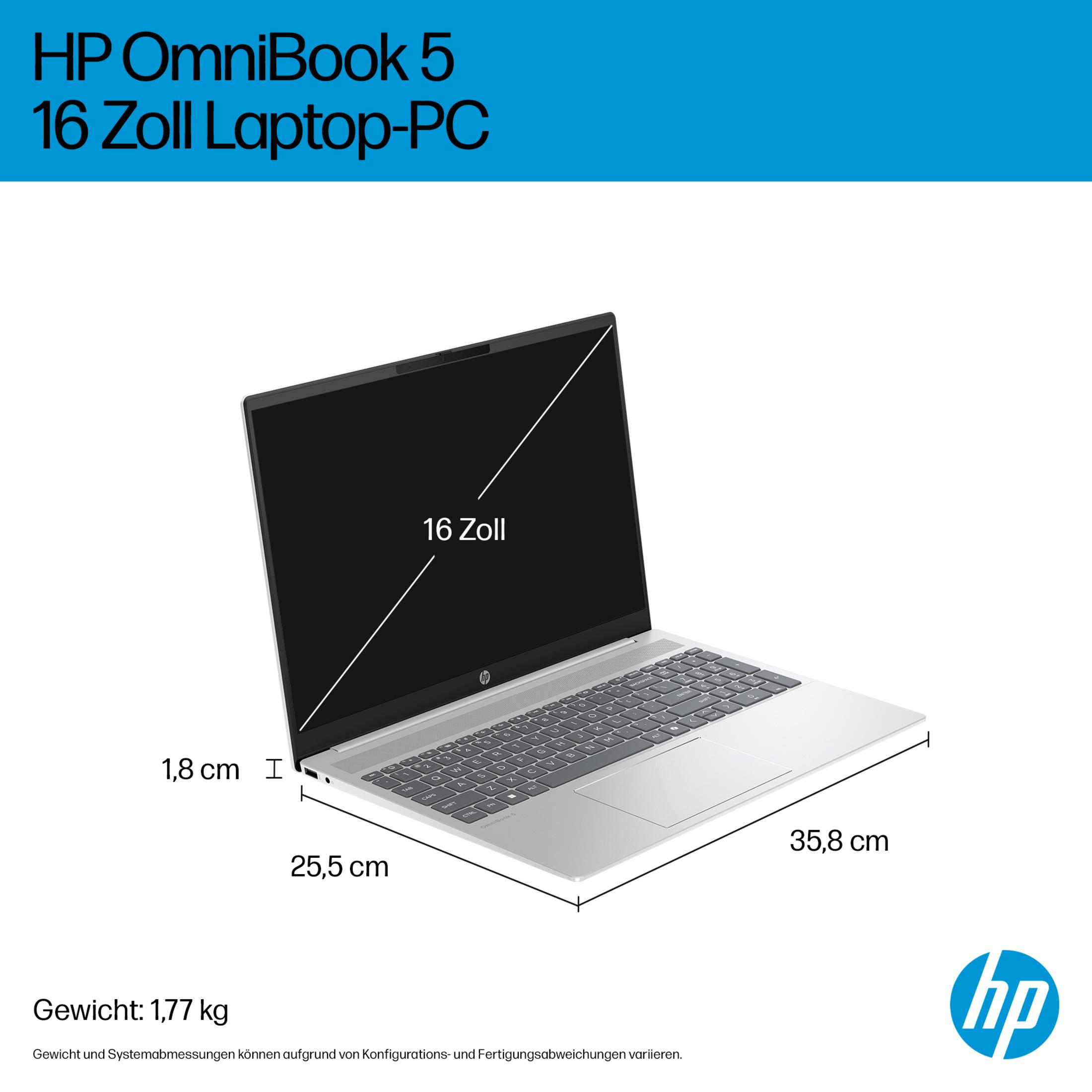 Silberner HP OmniBook 5 Laptop mit 16-Zoll-Bildschirm und Maßen.