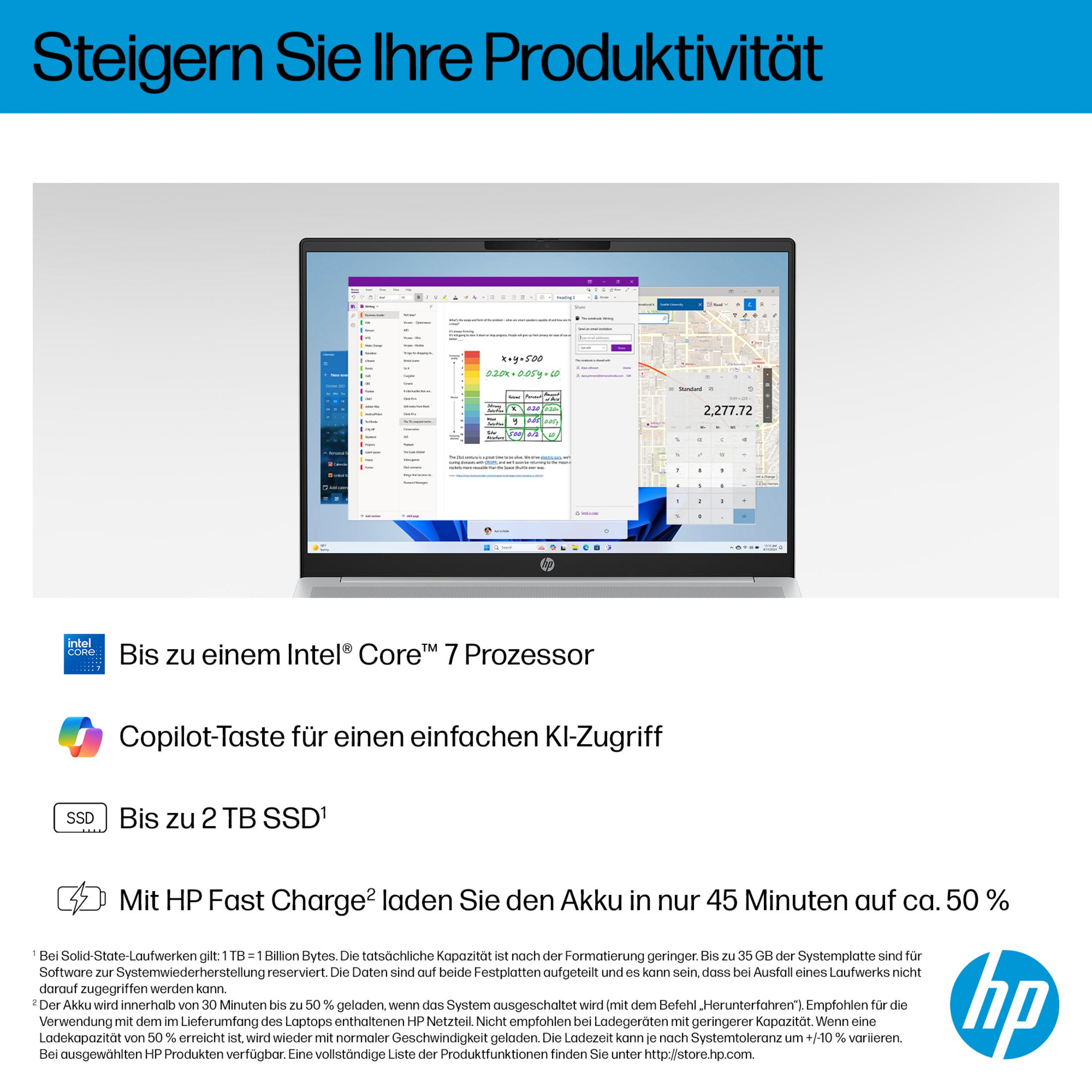 Laptop-Bildschirm zeigt verschiedene Apps, darunter Kalender, Notizen und eine Karte. Text hebt Intel Core i7, 2TB SSD und Fast Charge hervor.