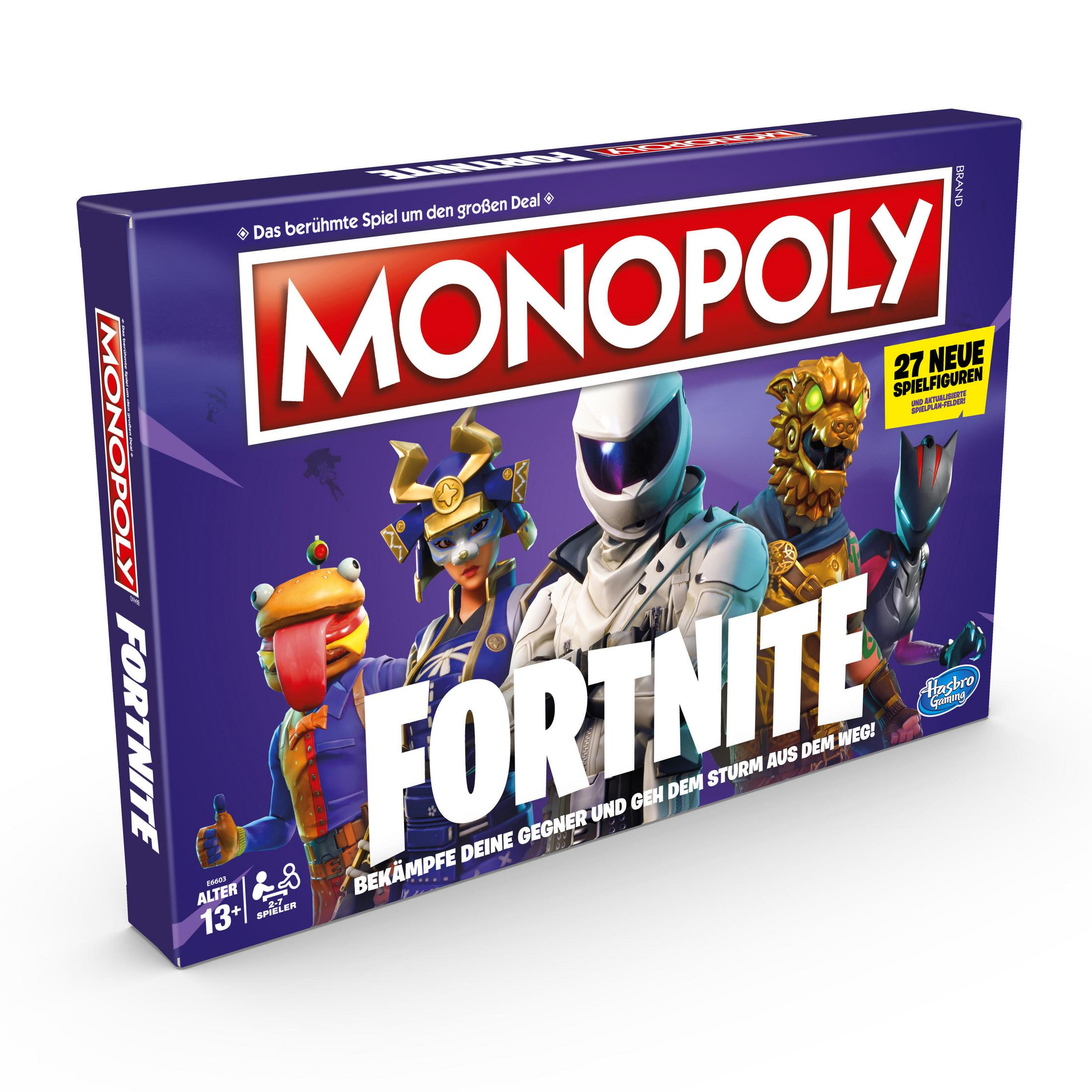Monopoly Fortnite Brettspiel-Box mit Charakteren und Logo.