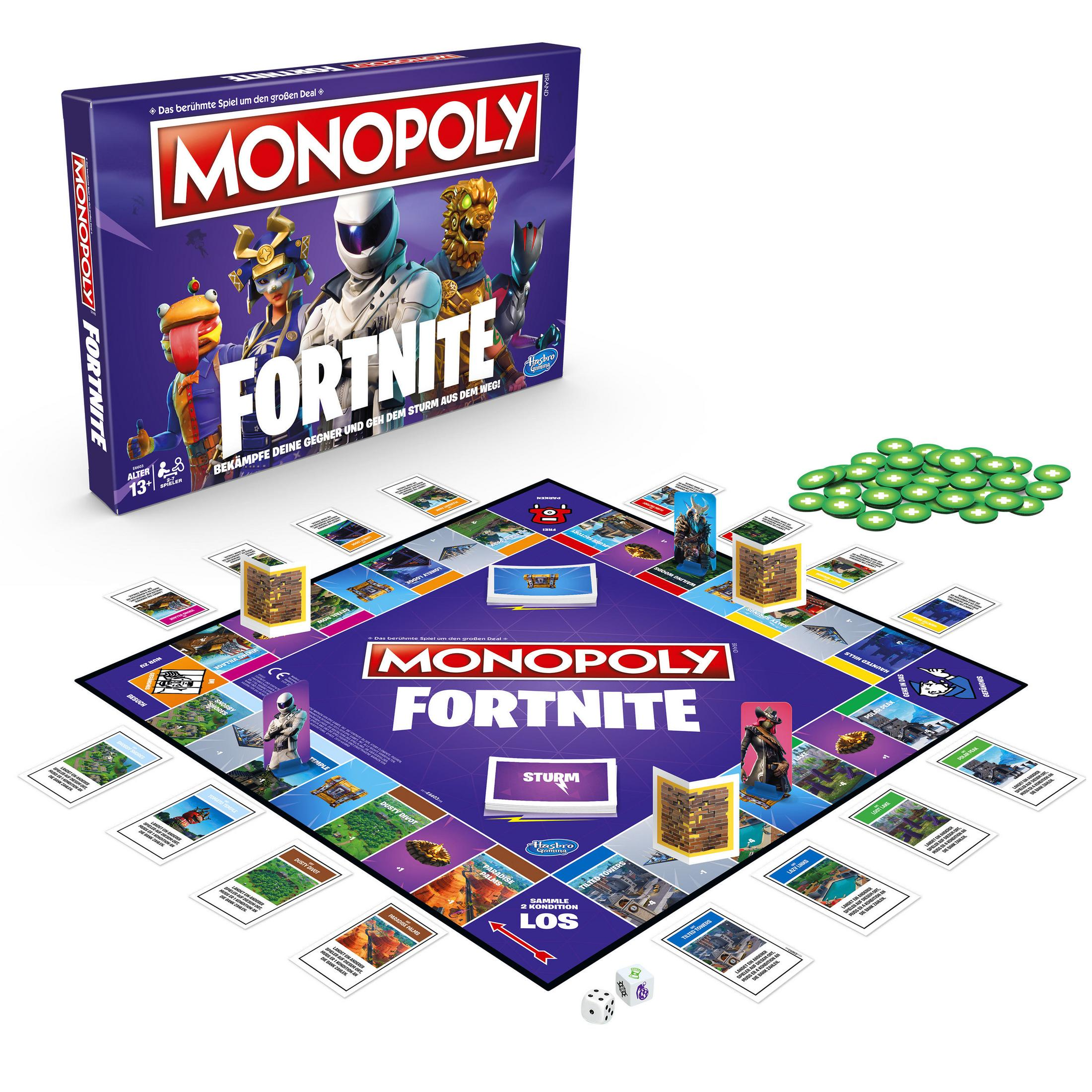 Fortnite Monopoly Brettspiel mit Figuren, Karten, Würfeln und grünen Chips.