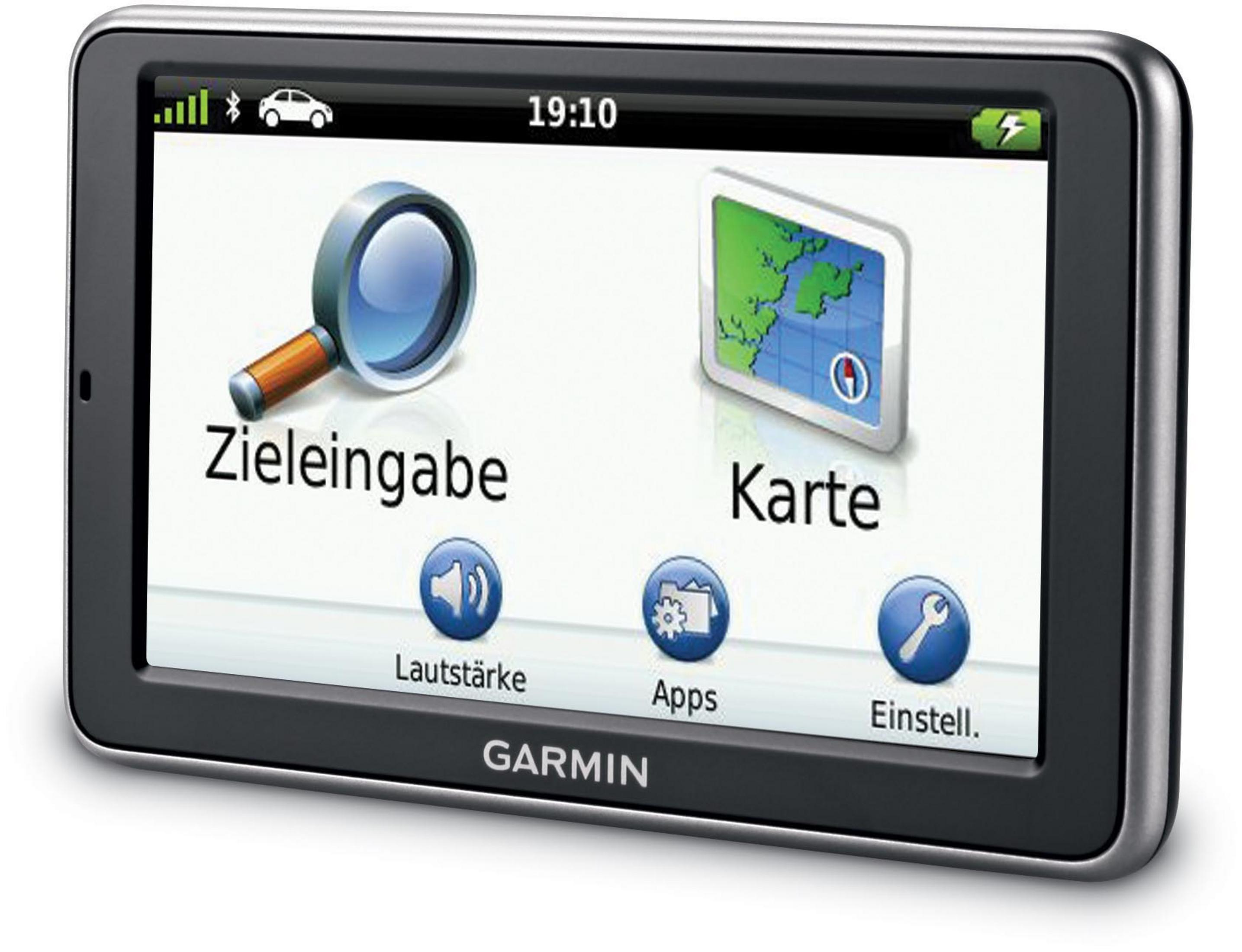 Garmin Navigationsgerät mit Symbolen für Ziel, Karte, Lautstärke, Apps und Einstellungen.
