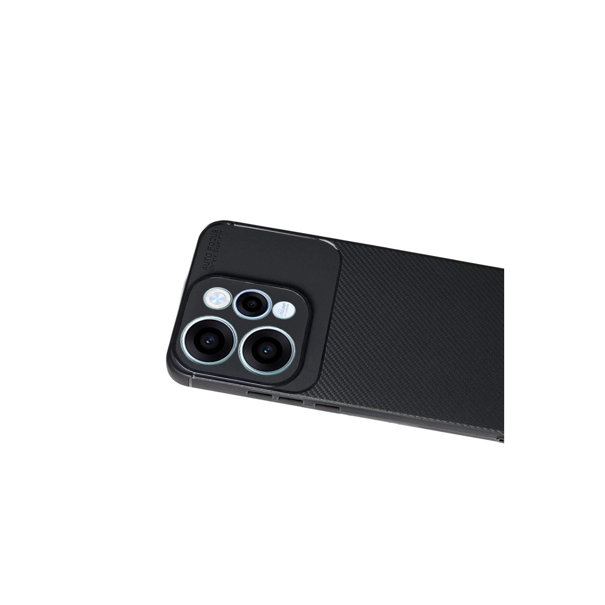 Karbon fiber desenli, üç kamera lensli siyah telefon kılıfı.