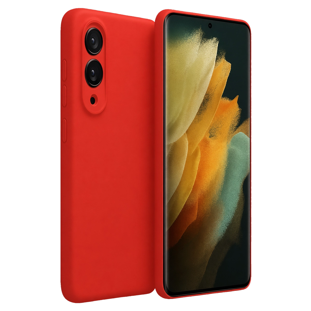 Kırmızı telefon kılıfı ve renkli ekranlı, arka kameralı telefon.