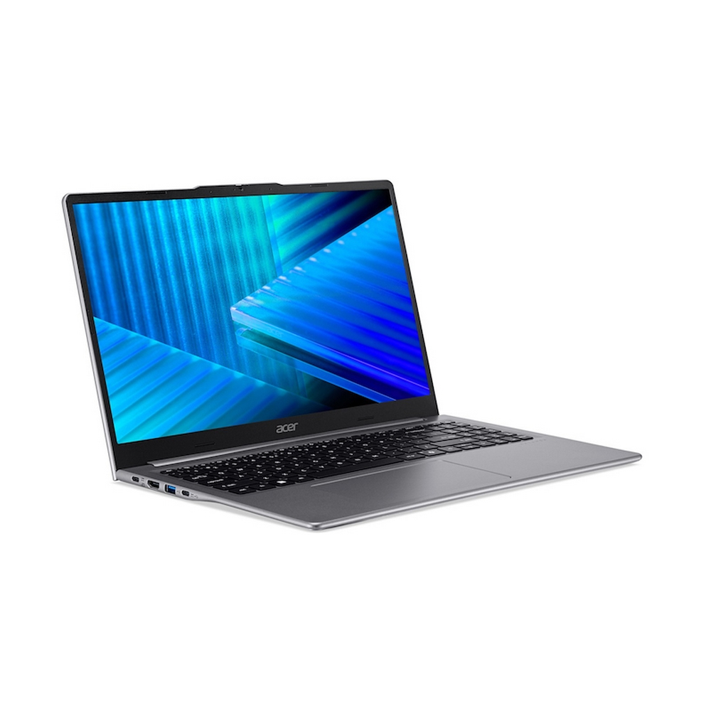 Un laptop Acer argentato con uno sfondo astratto blu visualizzato sullo schermo.