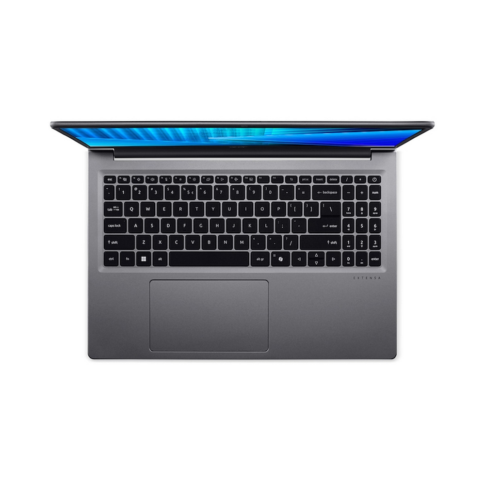 Laptop grigio con schermo aperto, tastiera e touchpad.