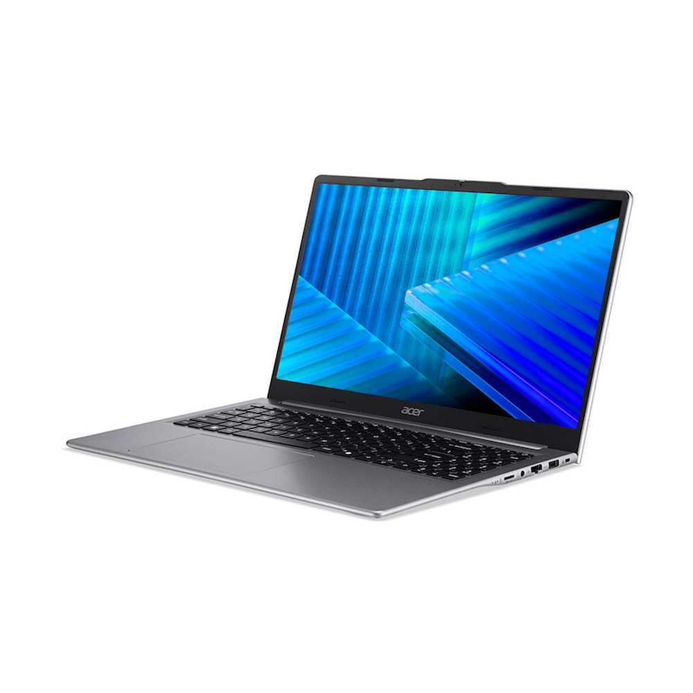 Un laptop Acer argentato con uno sfondo astratto blu sullo schermo.