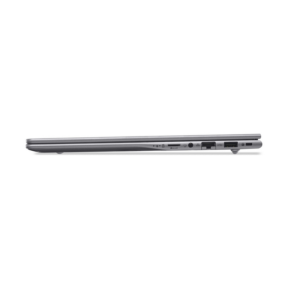 Laptop grigio, vista laterale con porte come USB e lettore di schede SD.
