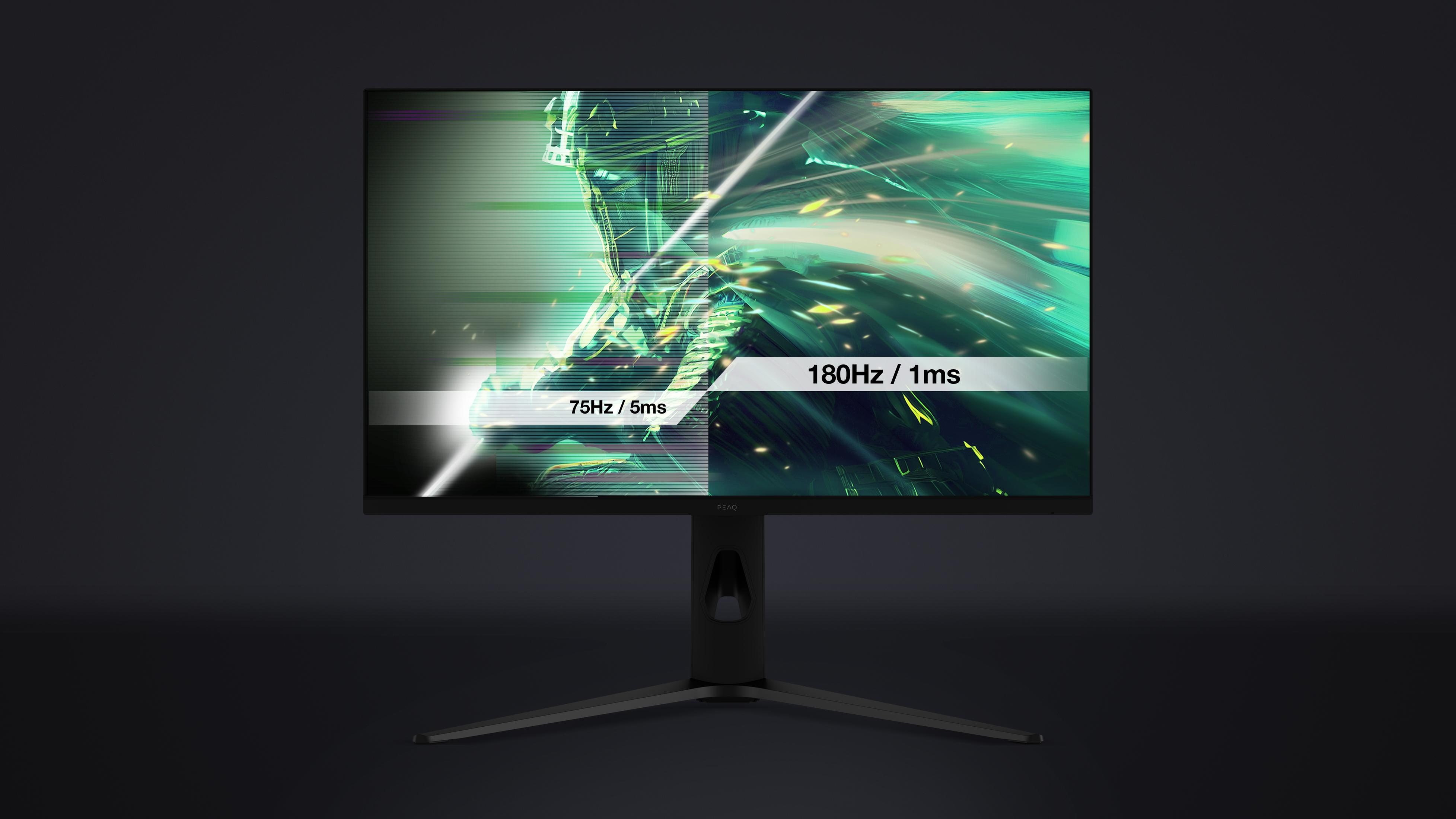 Monitor zeigt geteilten Bildschirm: Links 75Hz/5ms, rechts 180Hz/1ms. Grüne abstrakte Kunst.