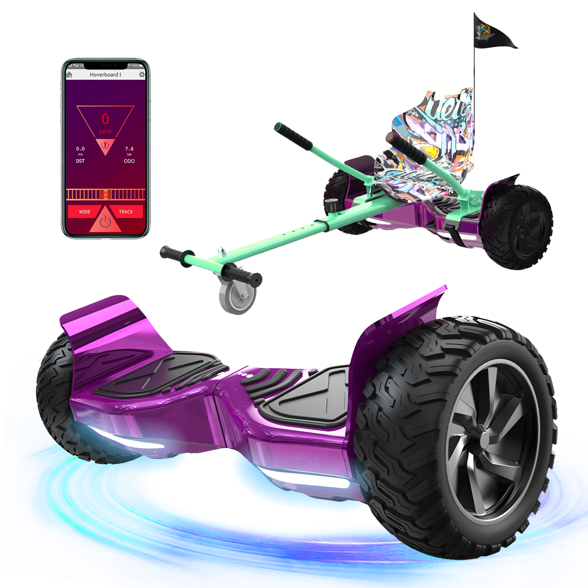 Hoverboard morado con luces brillantes y un accesorio de go-kart al lado.