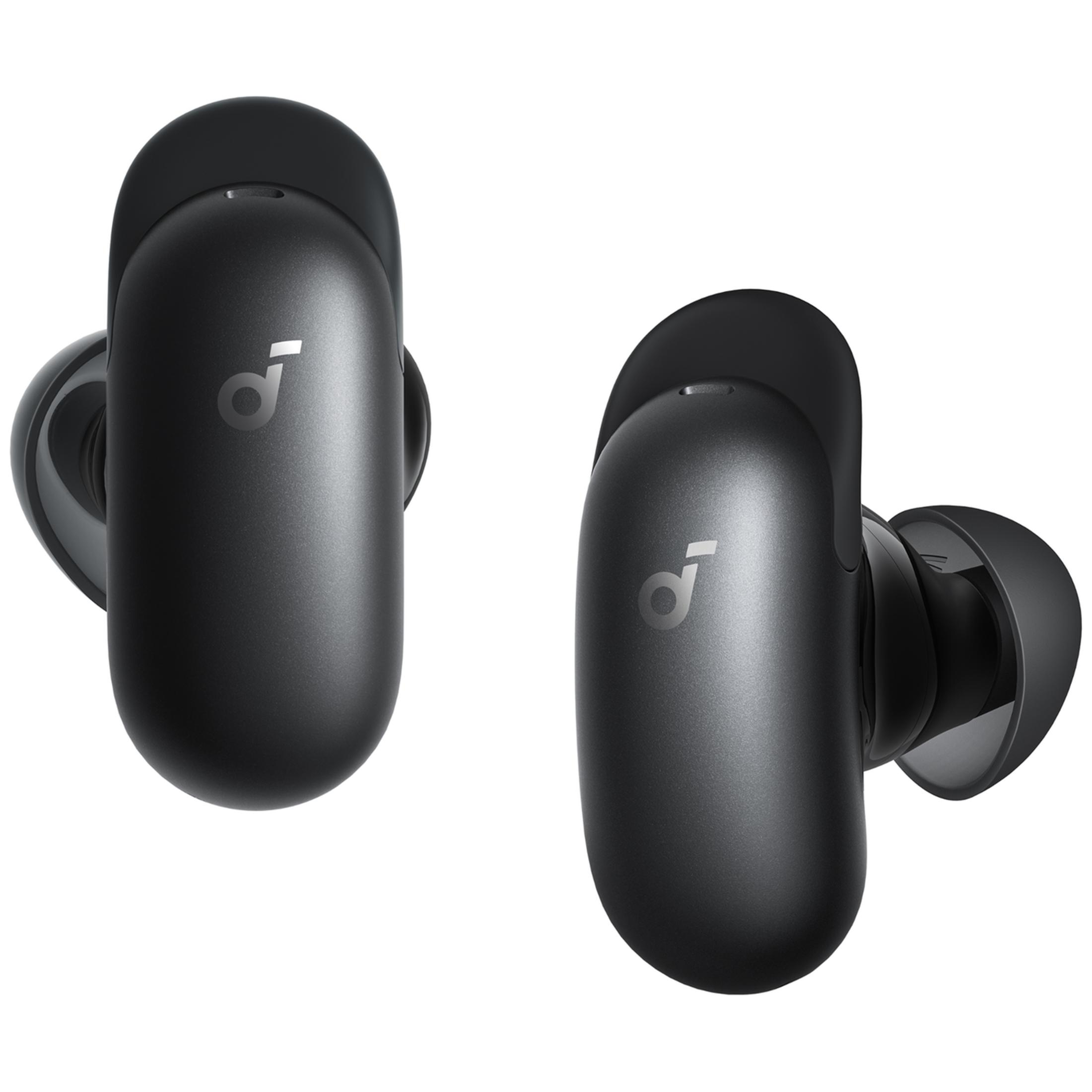 Due auricolari wireless neri con logo argentato su sfondo bianco.