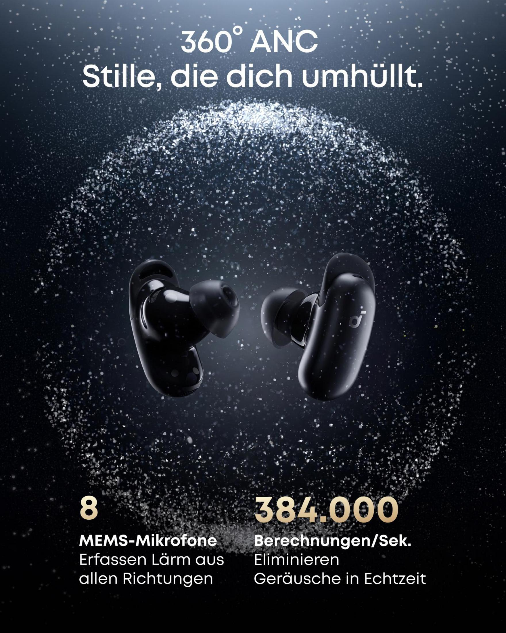 Due auricolari neri su sfondo scuro con particelle scintillanti.