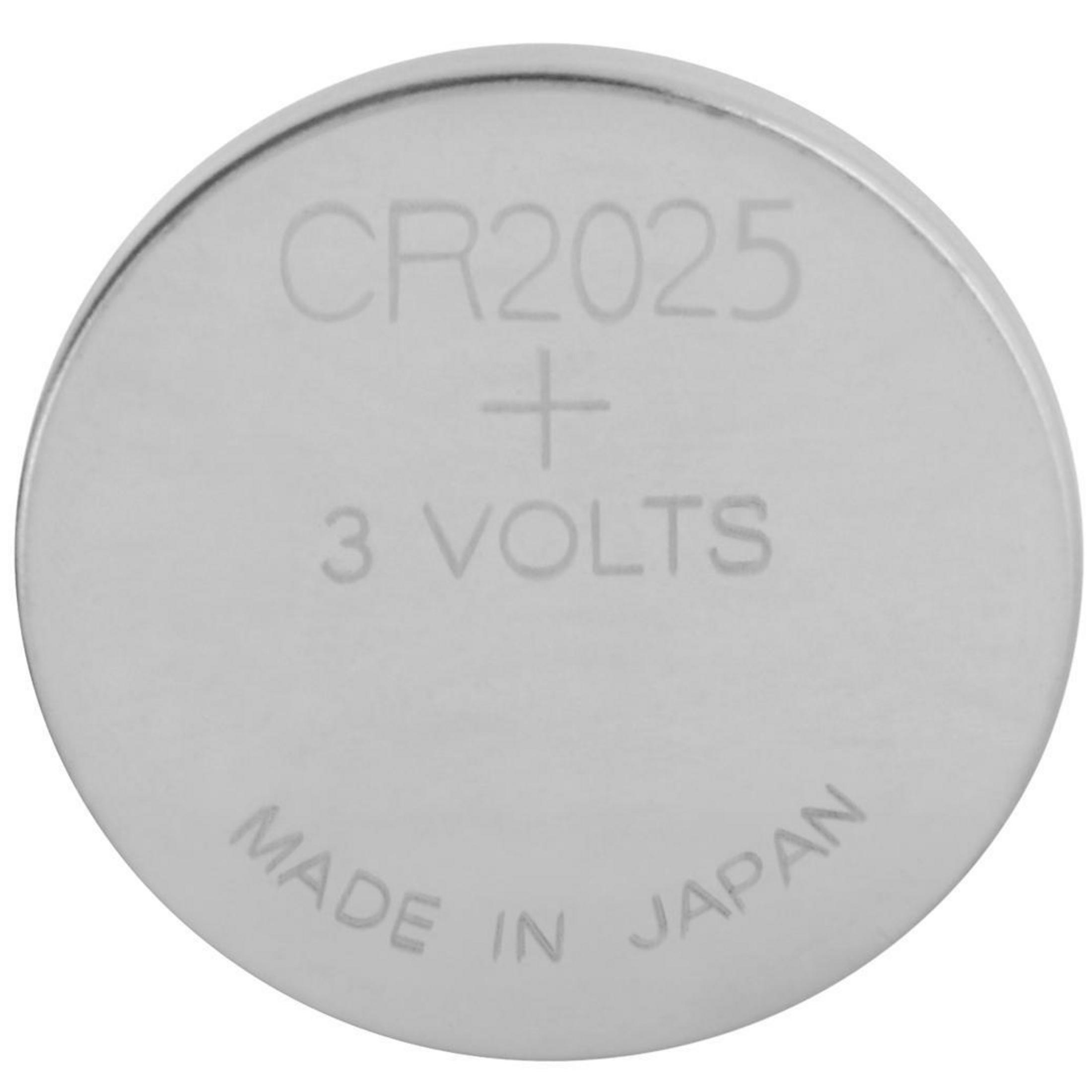 Silberne CR2025 Knopfzelle mit 3 Volt, Made in Japan.