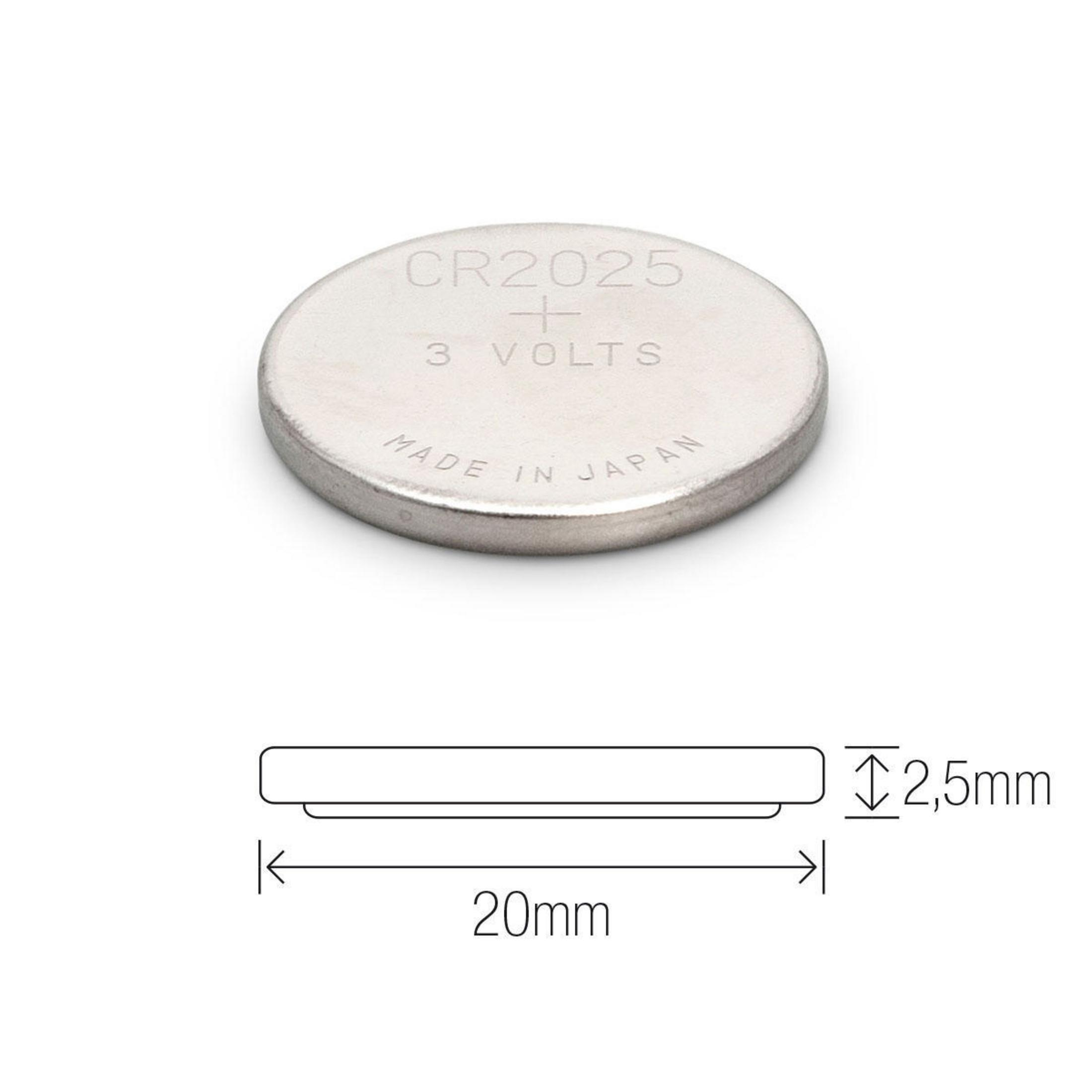 Eine CR2025-Batterie, 3 Volt, 20 mm Durchmesser, 2,5 mm Höhe.