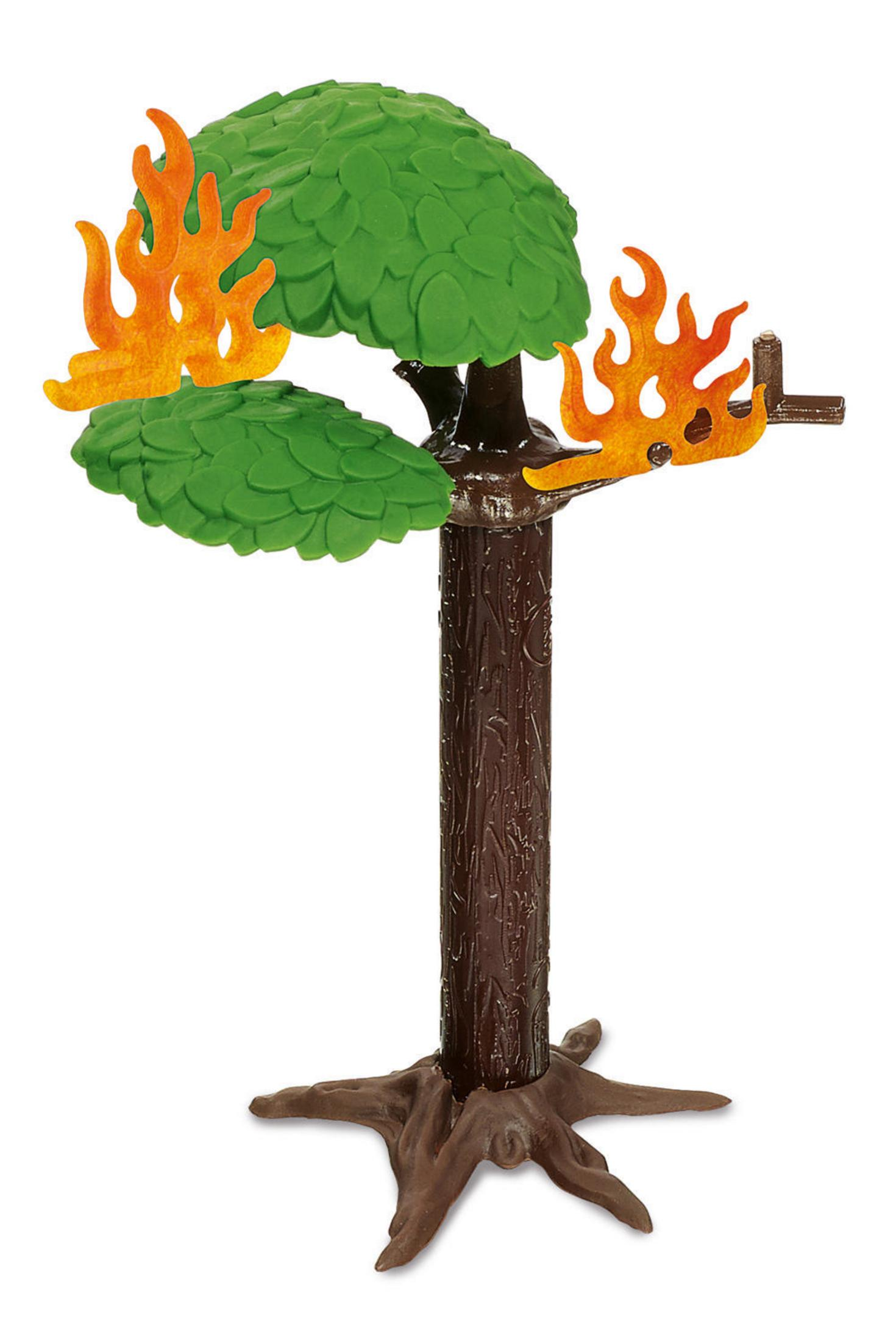 Albero verde con tronco marrone e fiamme arancioni su sfondo bianco.
