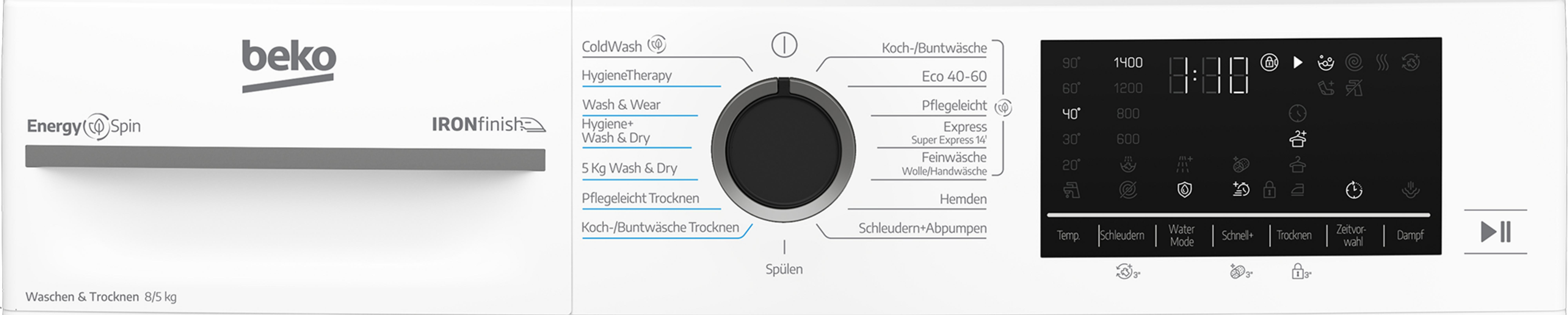 Beko Waschmaschine mit digitalem Display und Drehregler für Programme.
