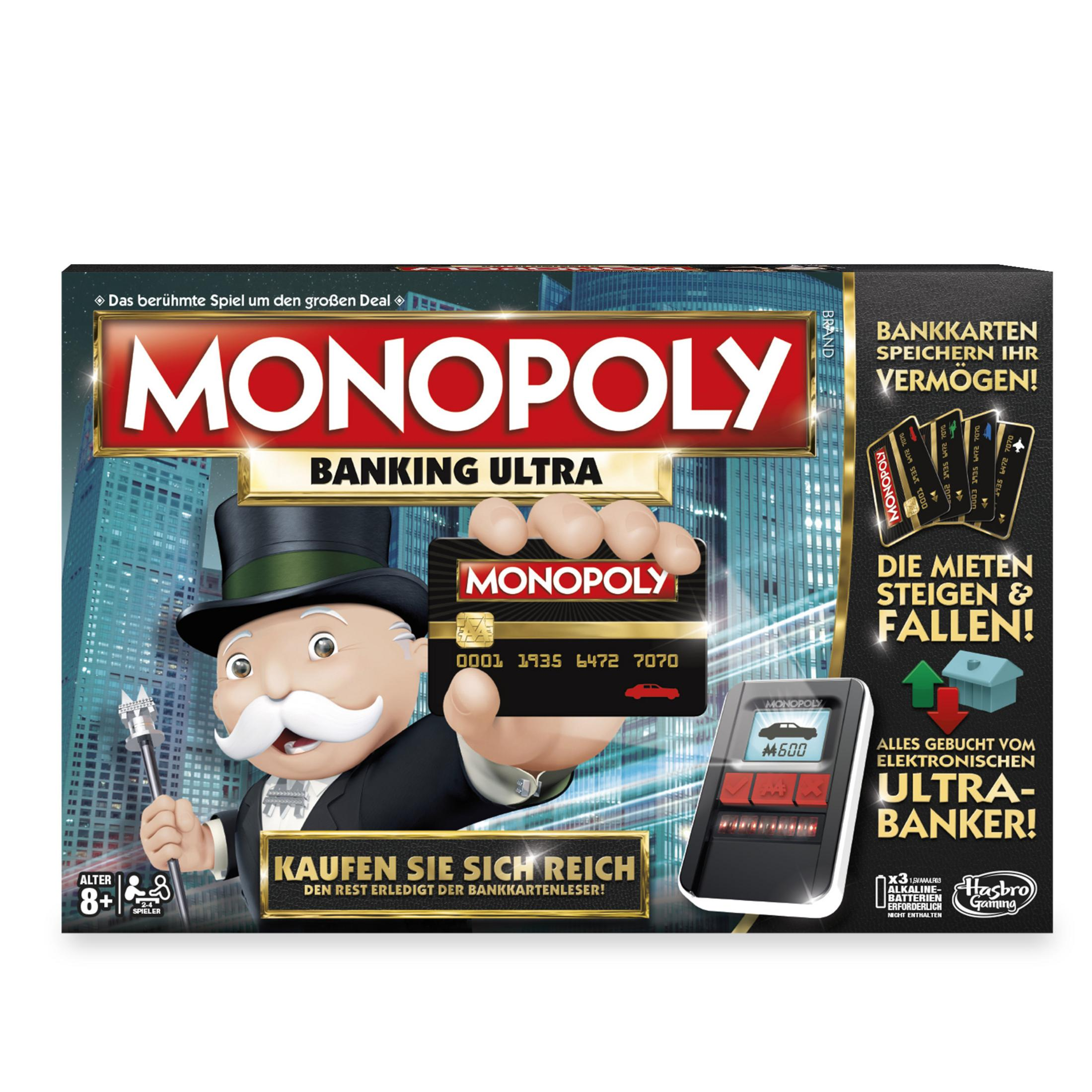 Monopoly Banking Ultra Brettspielbox mit Mr. Monopoly, Kreditkarte und elektronischem Gerät.