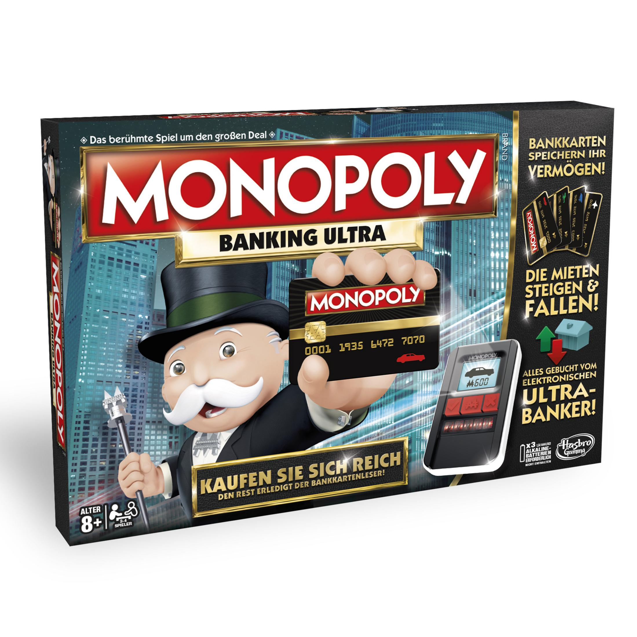 Monopoly Banking Ultra Brettspielbox mit Mr. Monopoly, Bankkarte und Lesegerät.