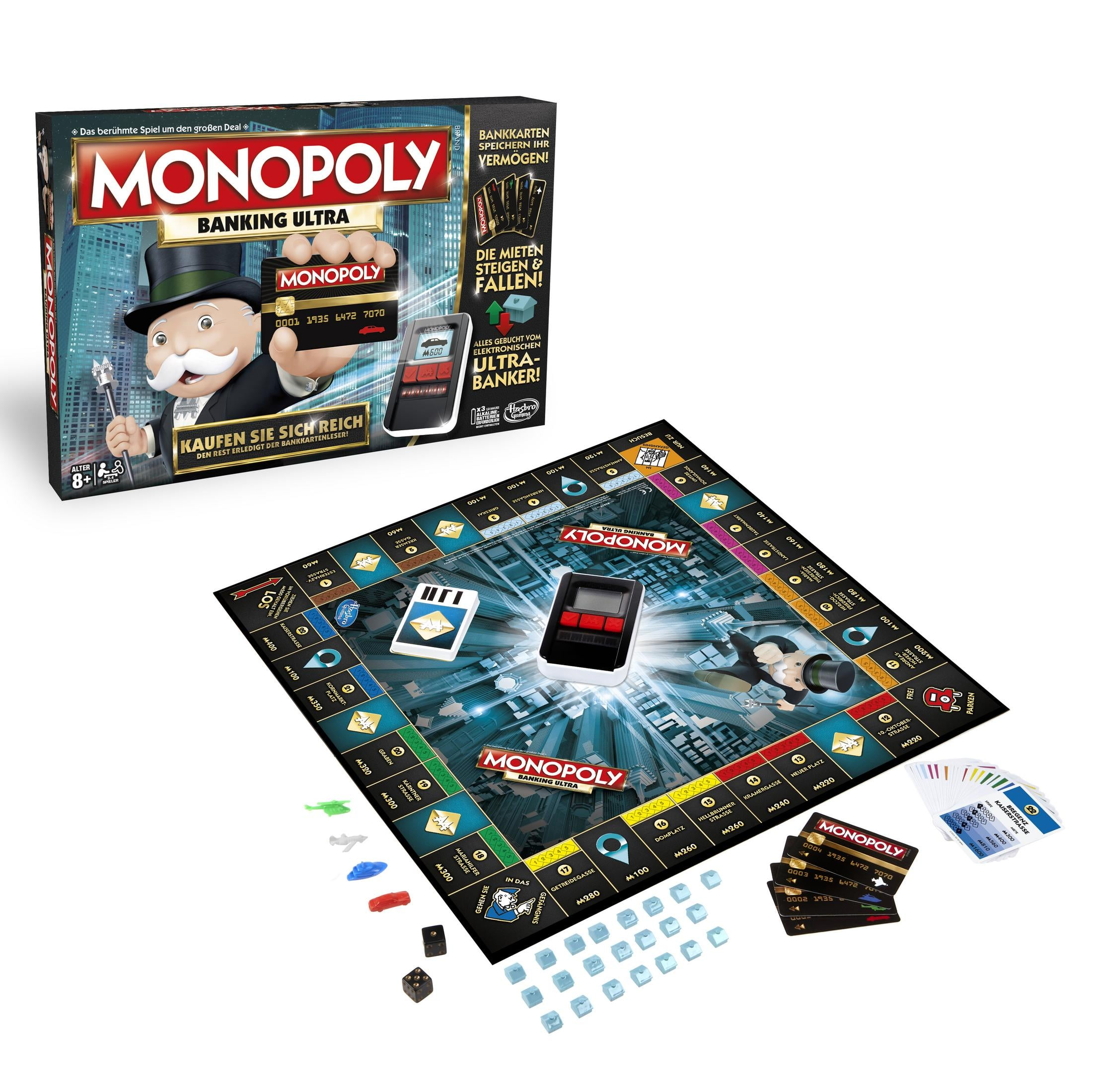 Monopoly Banking Ultra Spielbrett mit Box, Karten, Bankkartenleser und Spielfiguren.