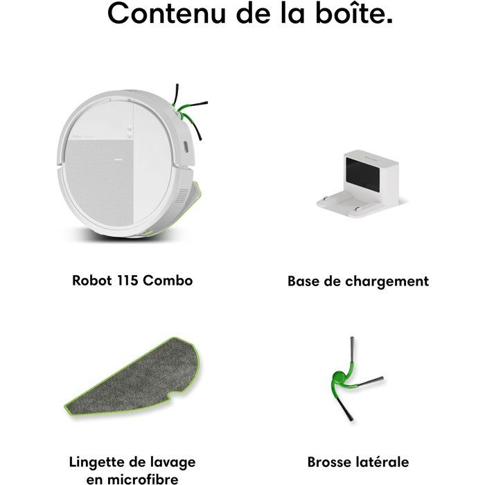 Contenuto della scatola: Robot, base di ricarica, panno per lavaggio e spazzola laterale.