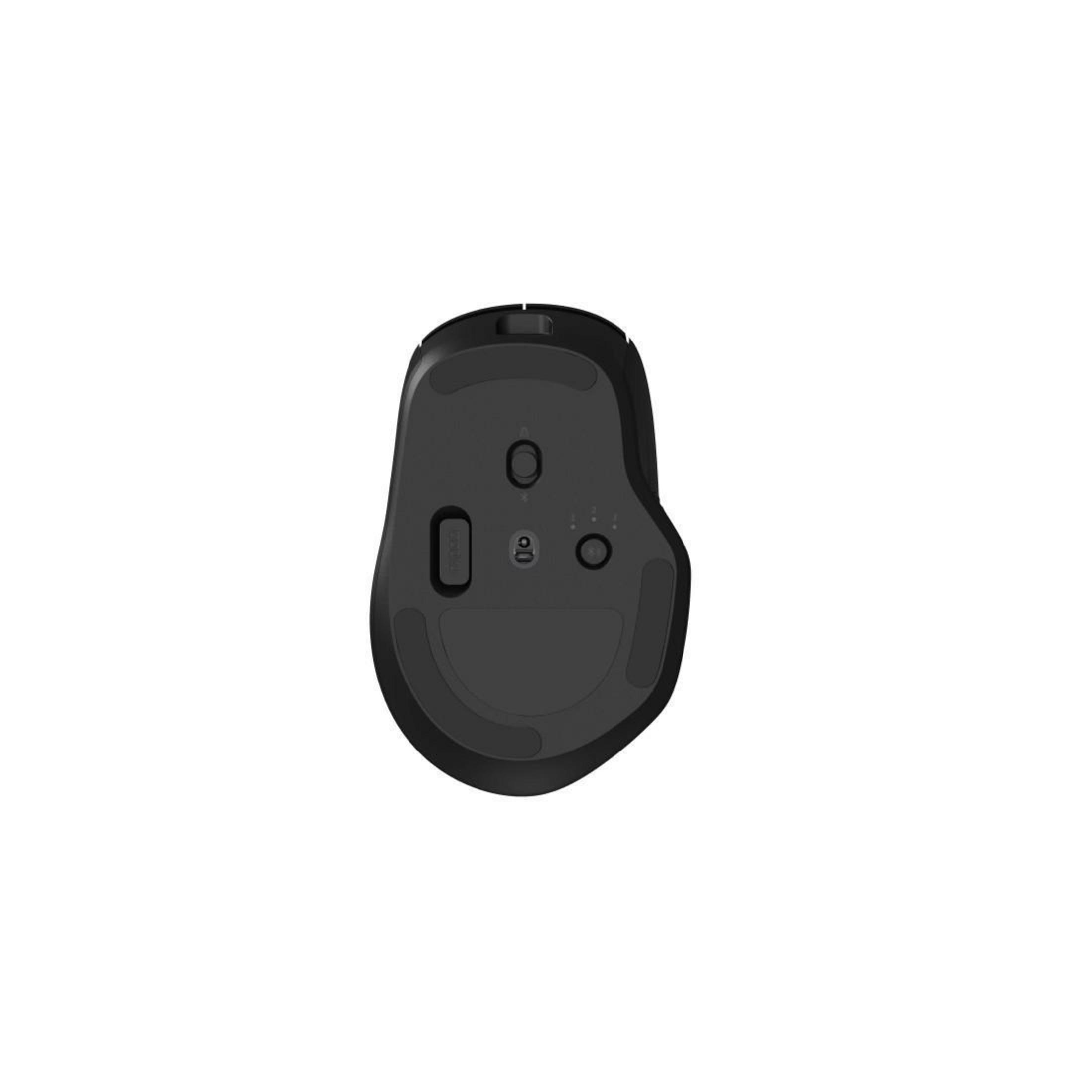 Vista inferiore di un mouse nero per computer con pulsante di accensione e rotella.